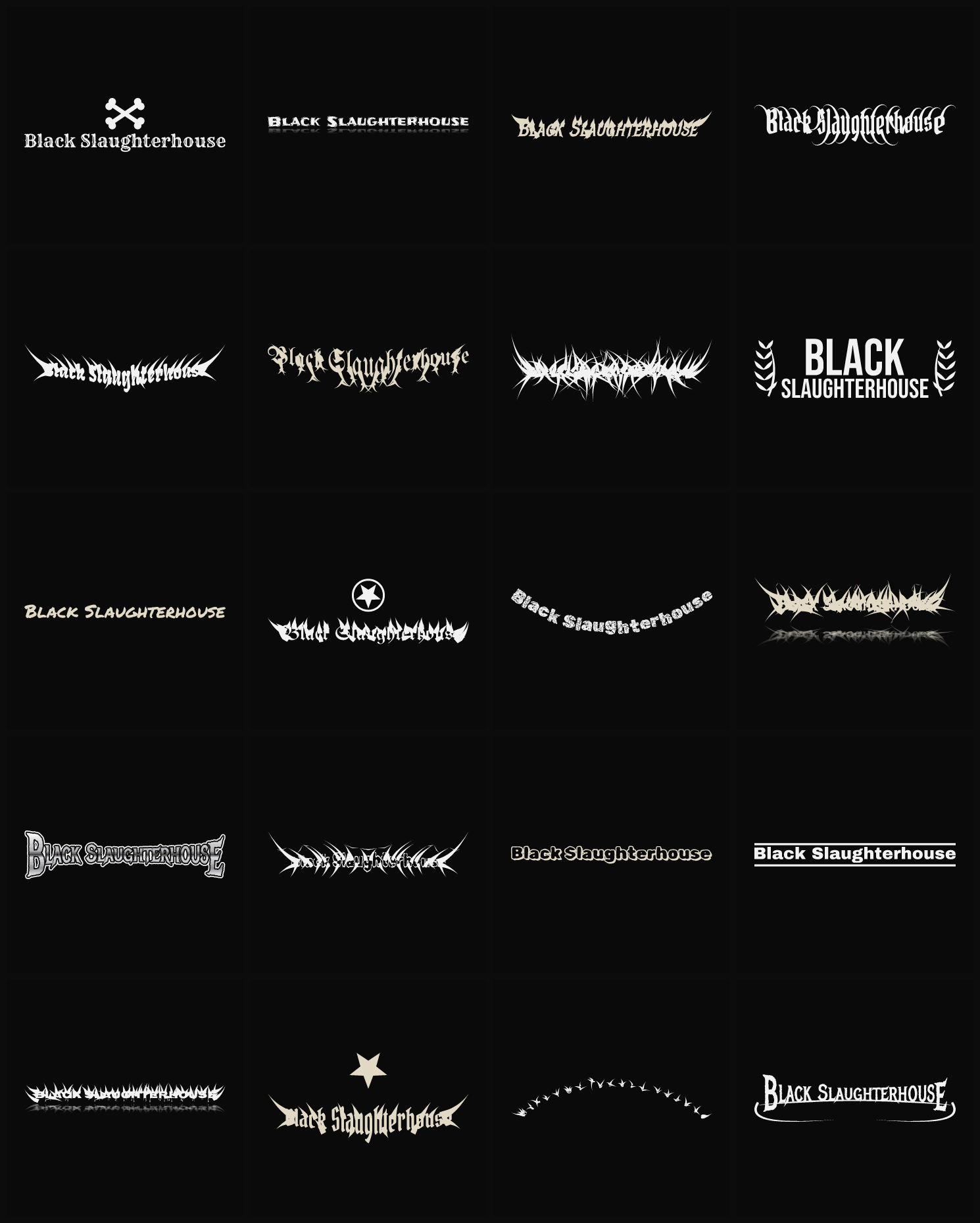 Twenty Black Slaughterhouse band logo ideas — different faces, treatments and spike settings