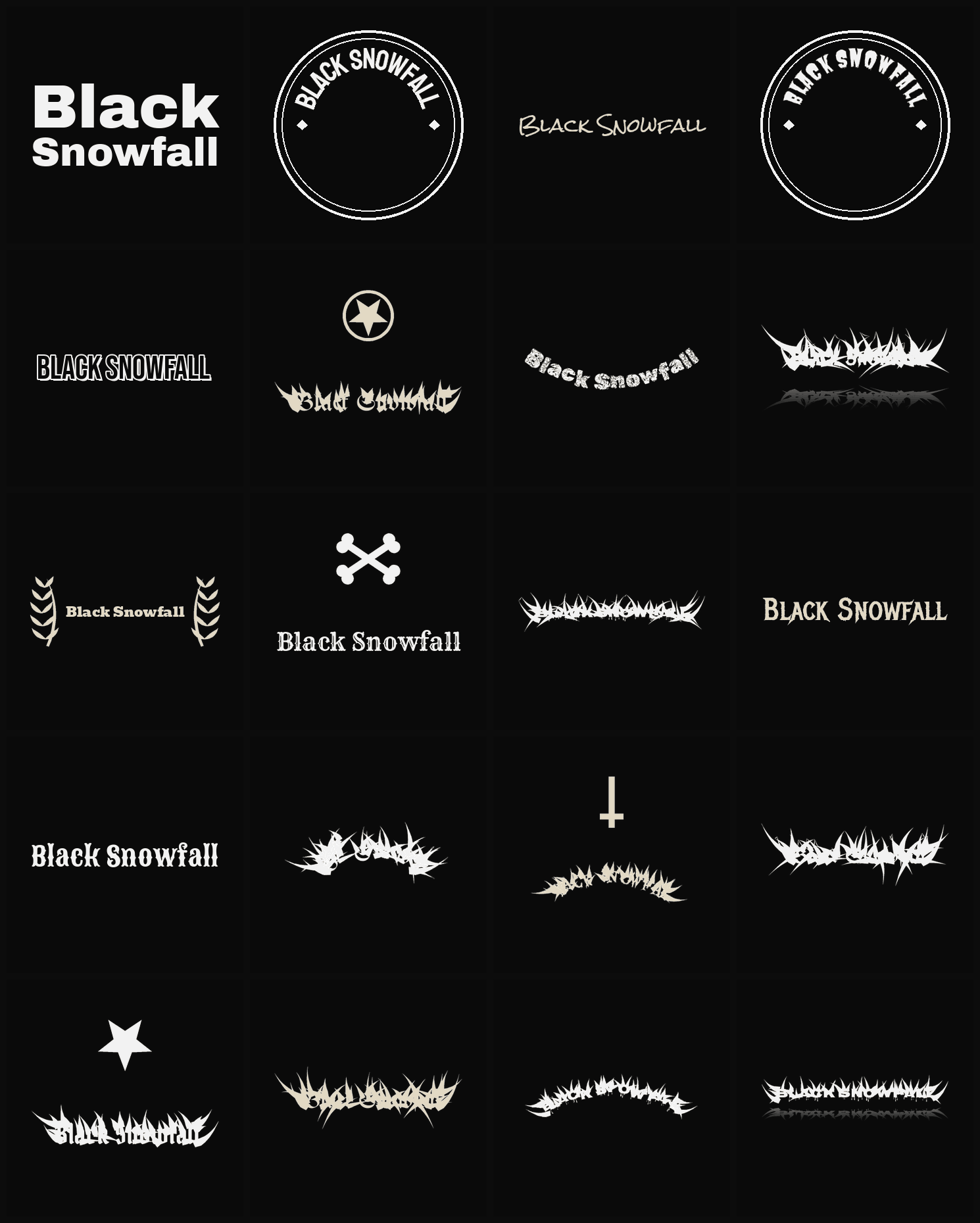 Twenty Black Snowfall band logo ideas — different faces, treatments and spike settings