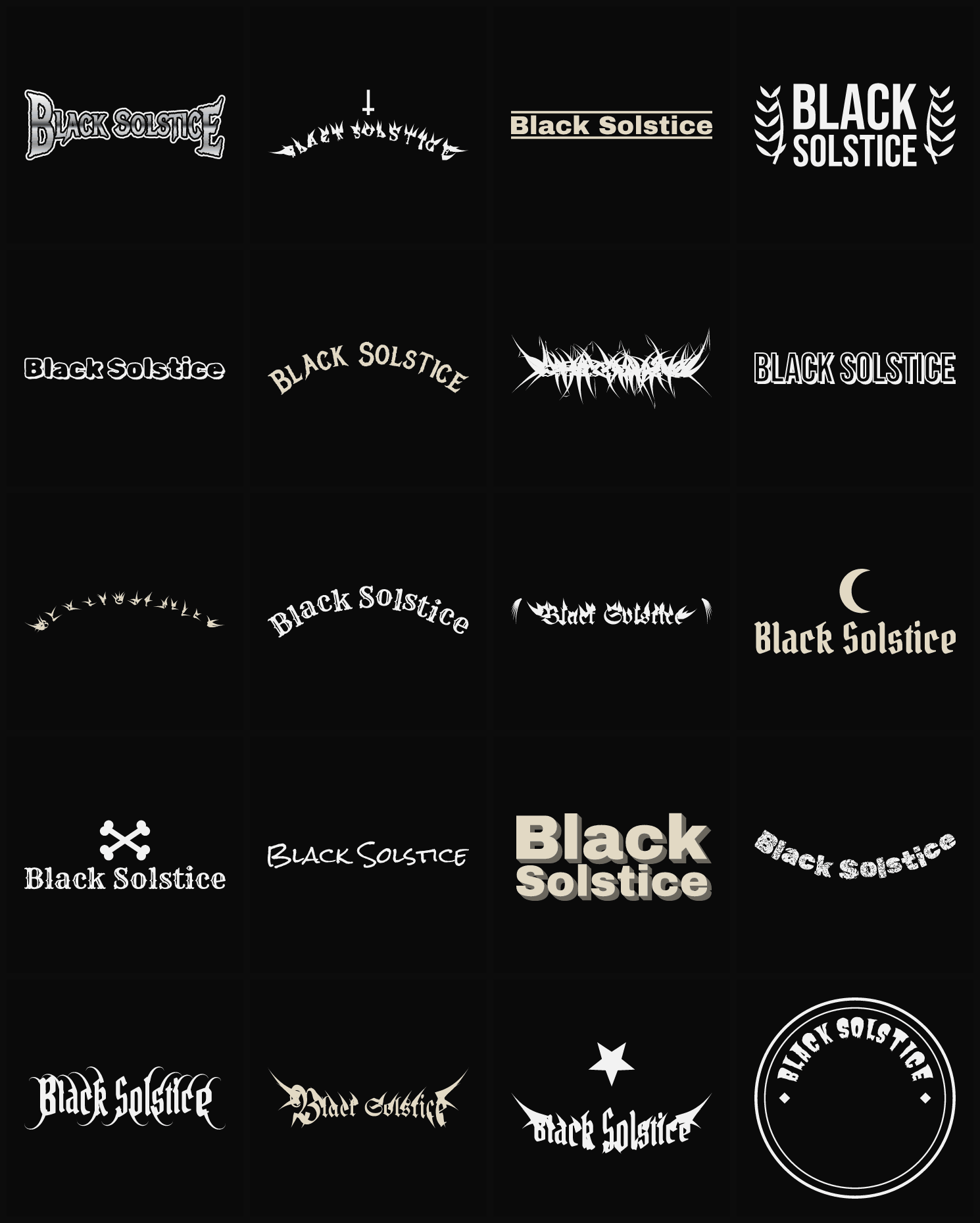Twenty Black Solstice band logo ideas — different faces, treatments and spike settings