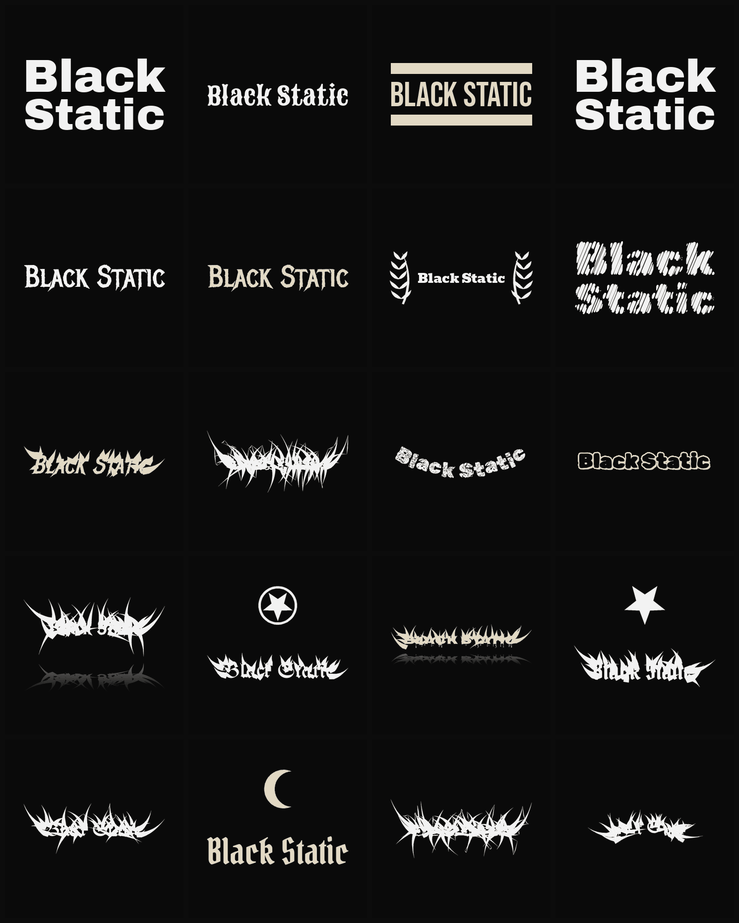Twenty Black Static band logo ideas — different faces, treatments and spike settings