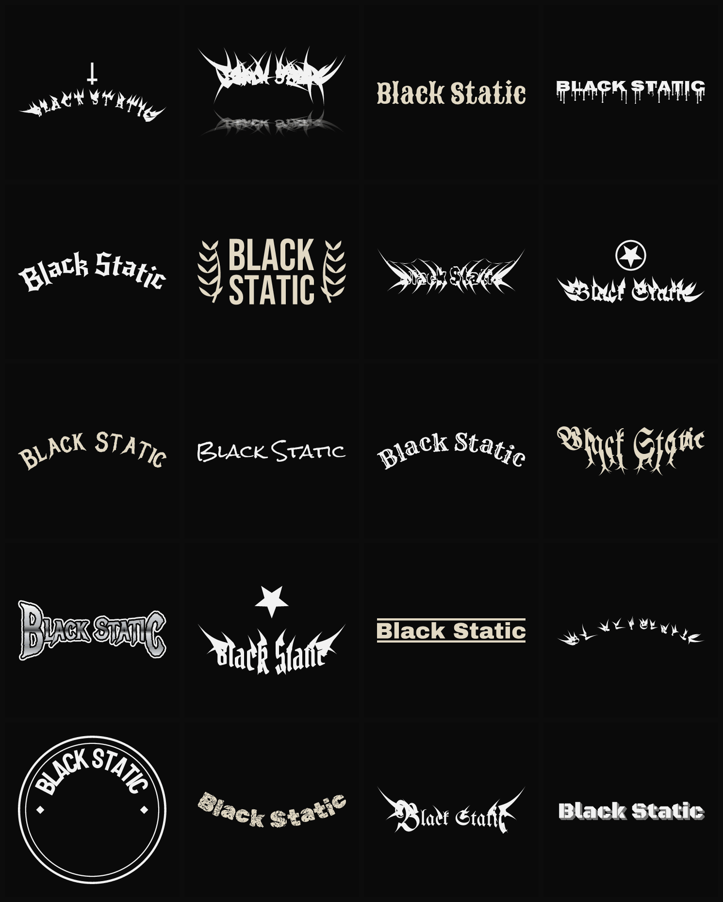 Twenty Black Static band logo ideas — different faces, treatments and spike settings