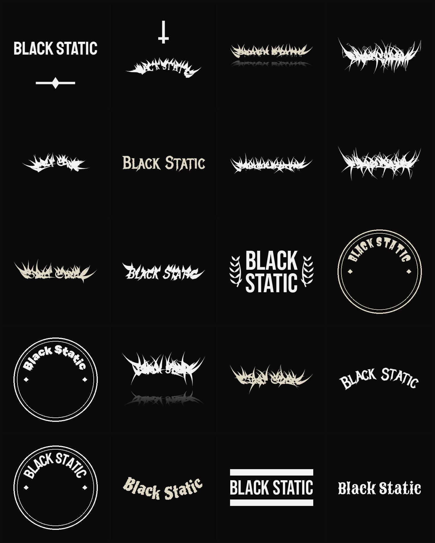 Twenty Black Static band logo ideas — different faces, treatments and spike settings