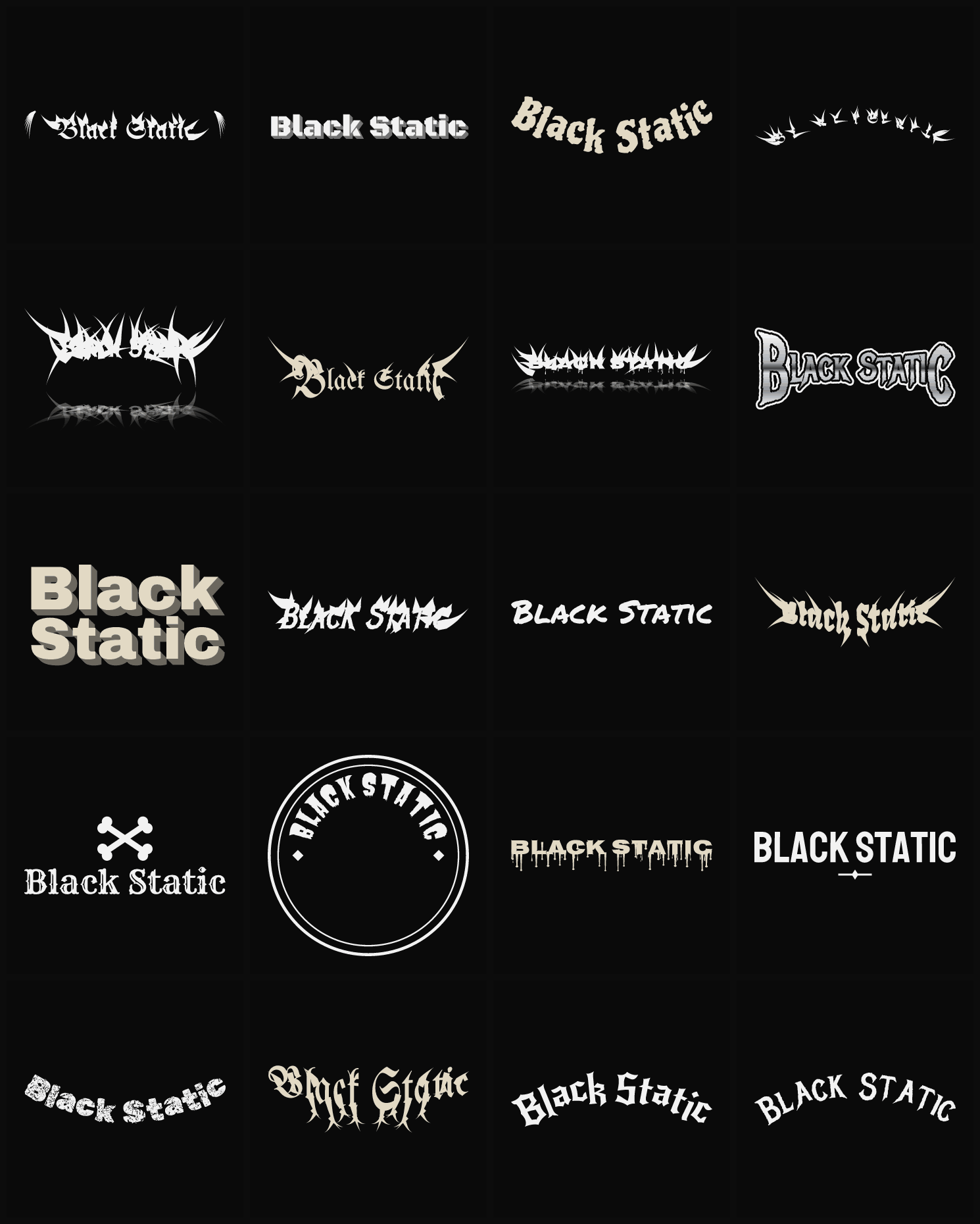 Twenty Black Static band logo ideas — different faces, treatments and spike settings
