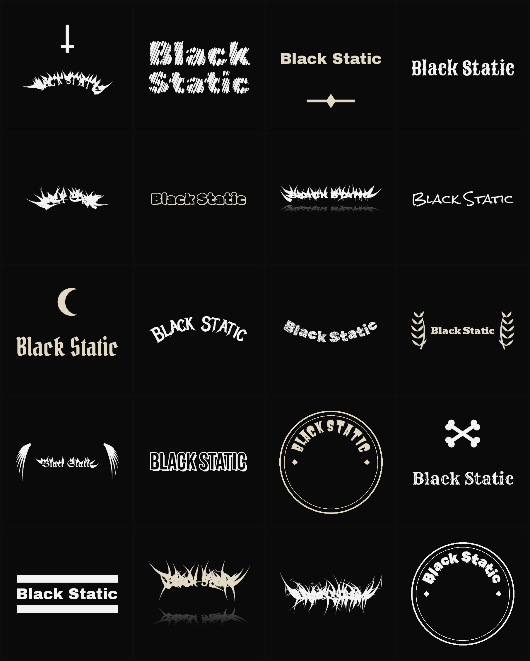 Twenty Black Static band logo ideas — different faces, treatments and spike settings
