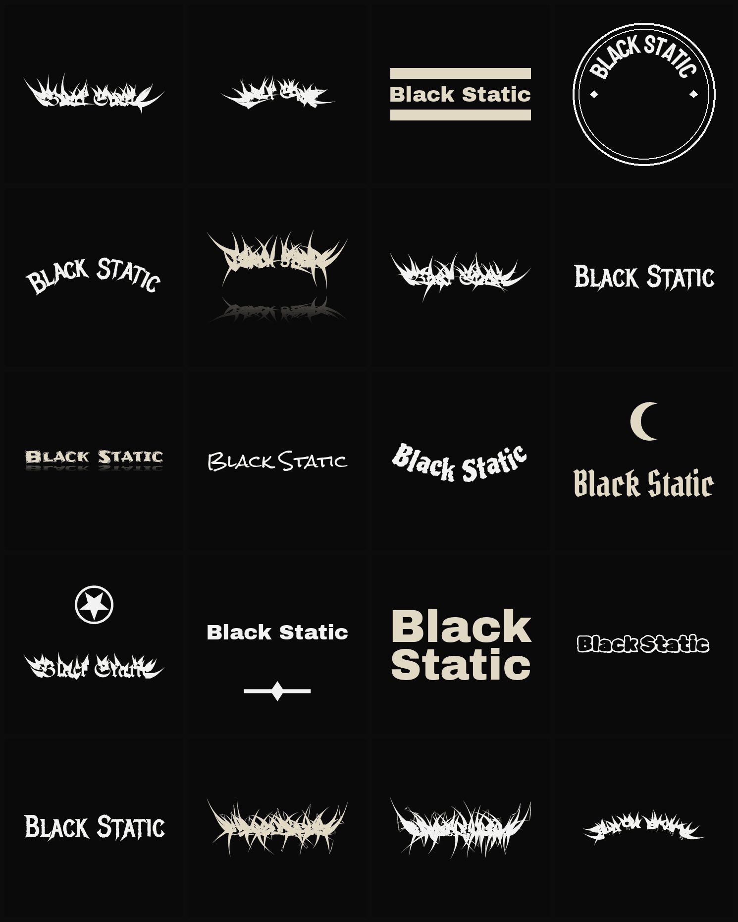 Twenty Black Static band logo ideas — different faces, treatments and spike settings
