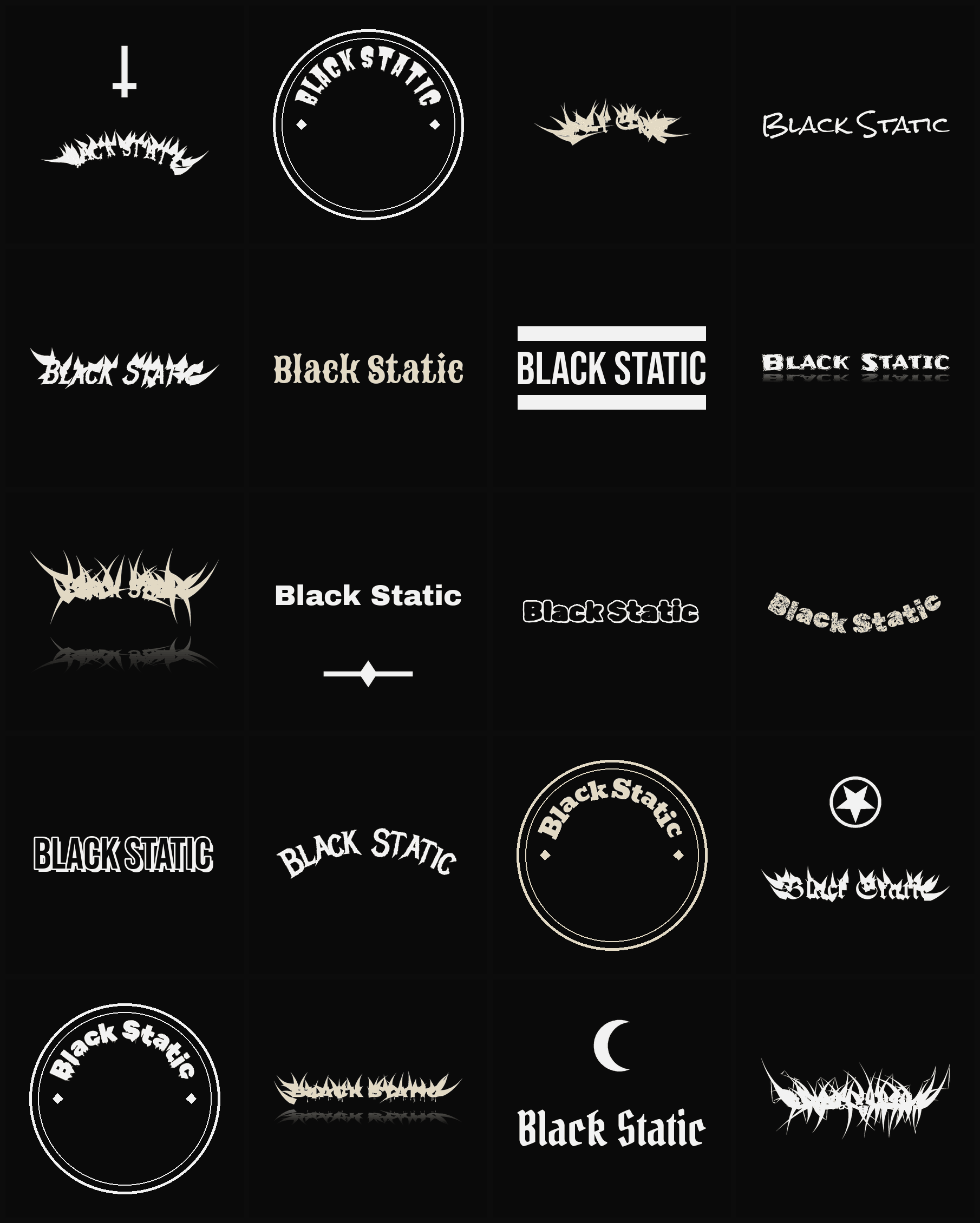 Twenty Black Static band logo ideas — different faces, treatments and spike settings