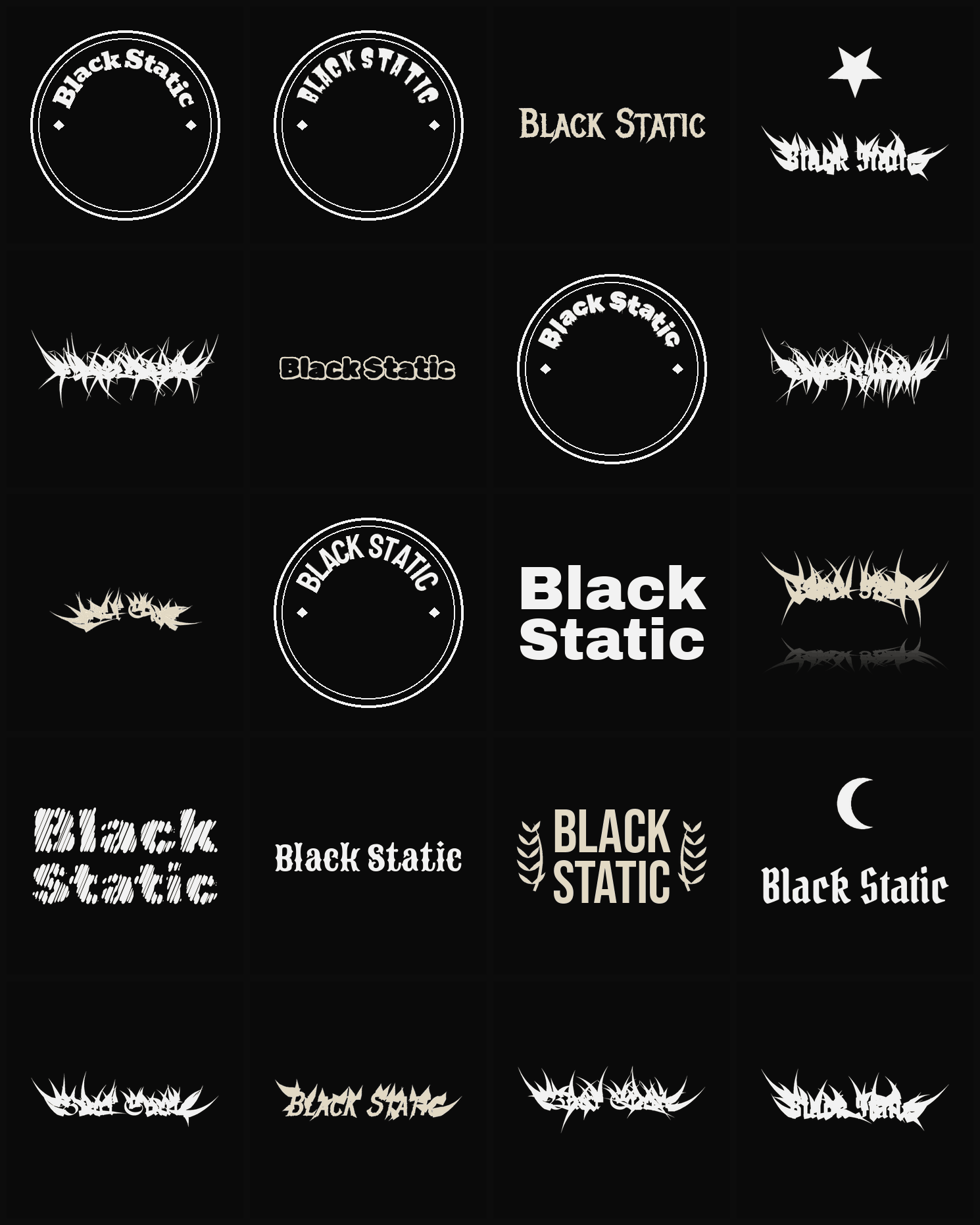 Twenty Black Static band logo ideas — different faces, treatments and spike settings