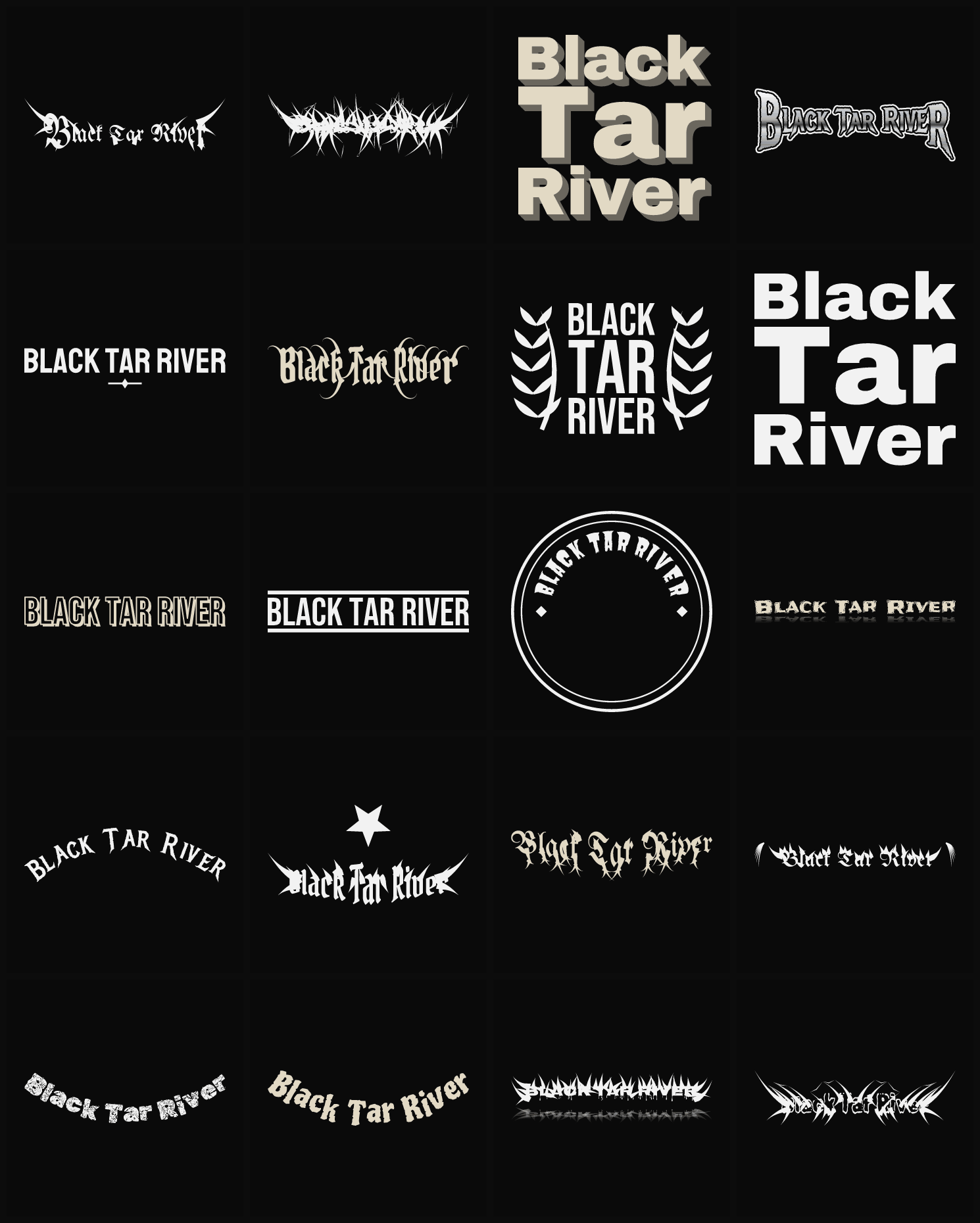 Twenty Black Tar River band logo ideas — different faces, treatments and spike settings