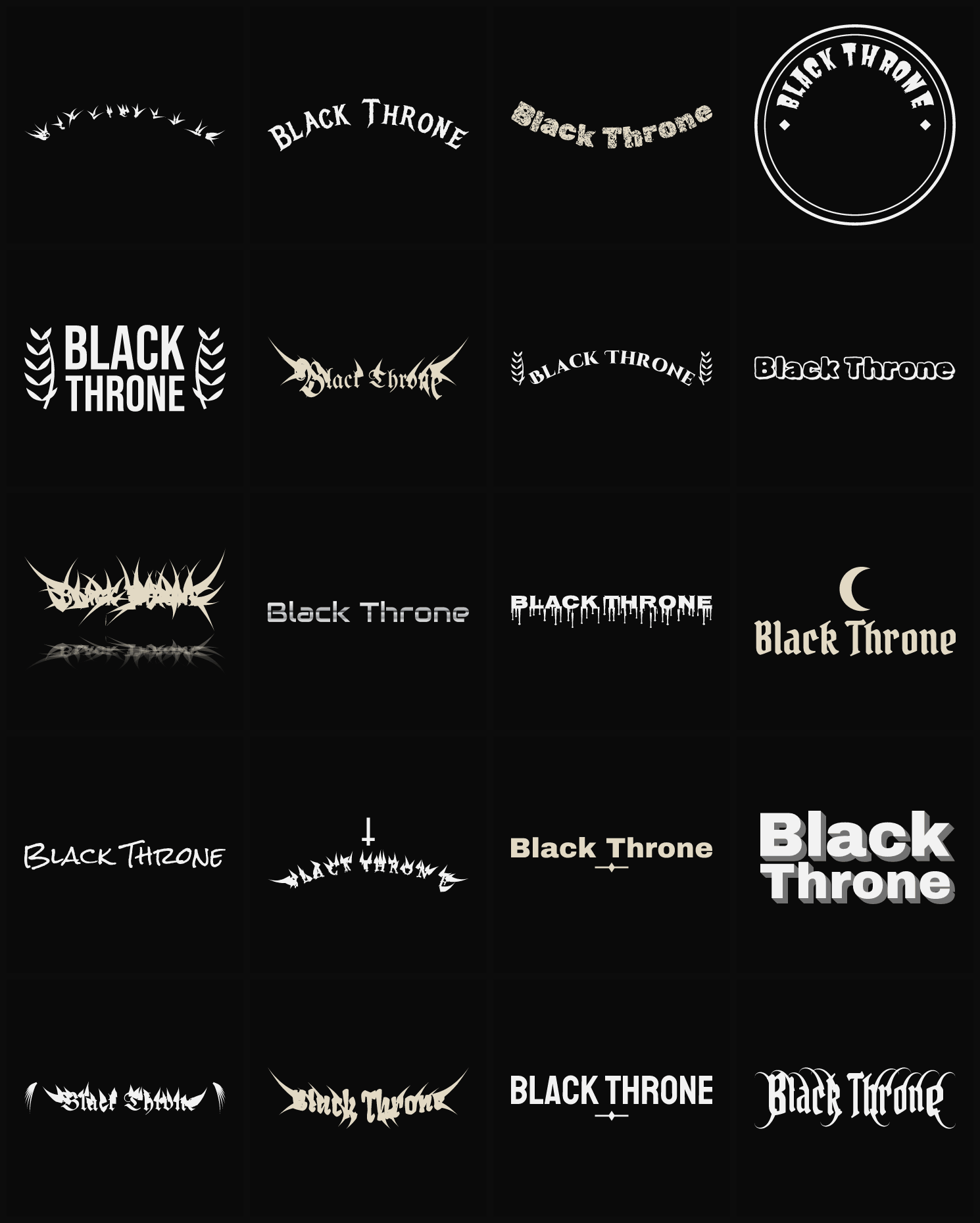 Twenty Black Throne band logo ideas — different faces, treatments and spike settings