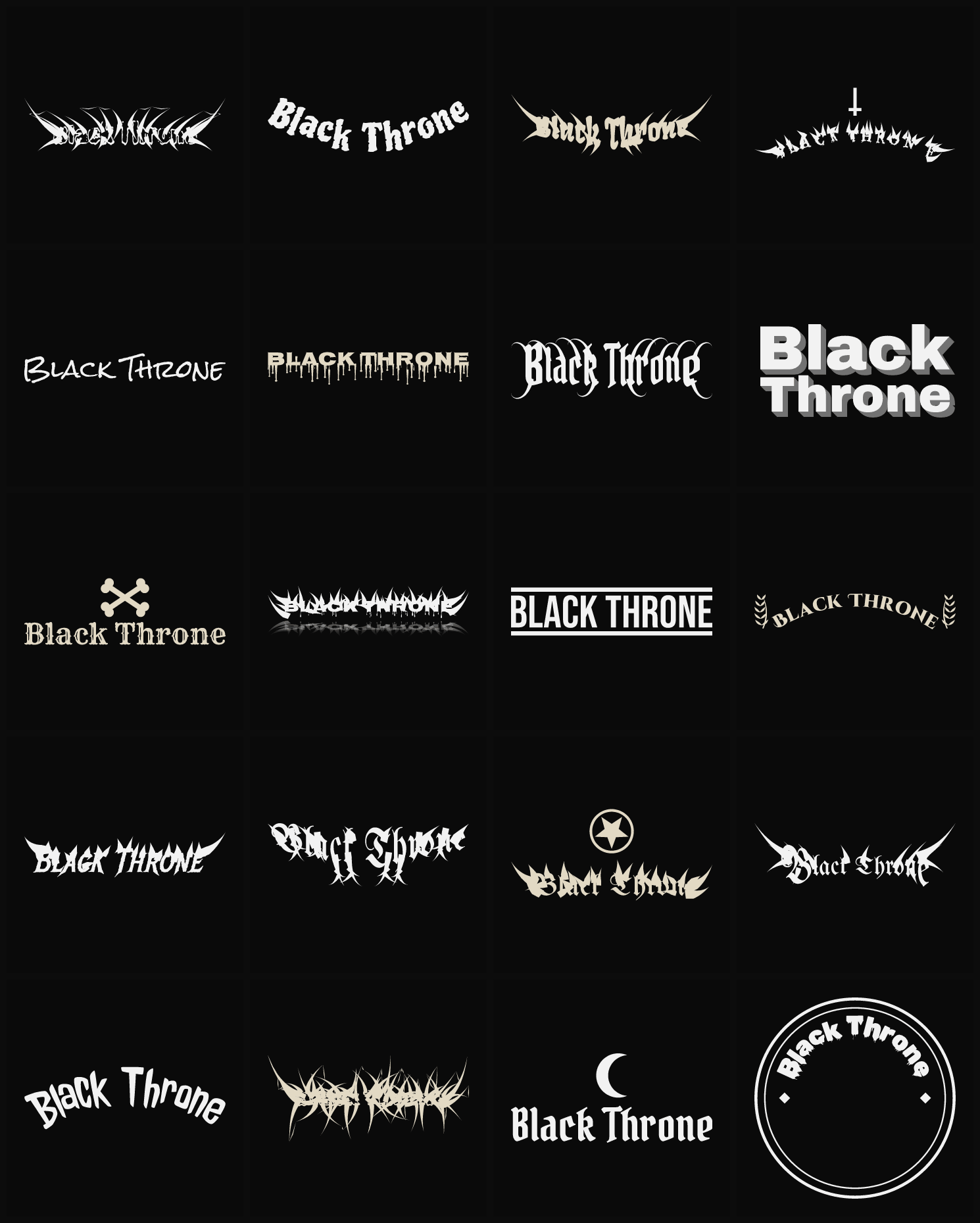 Twenty Black Throne band logo ideas — different faces, treatments and spike settings