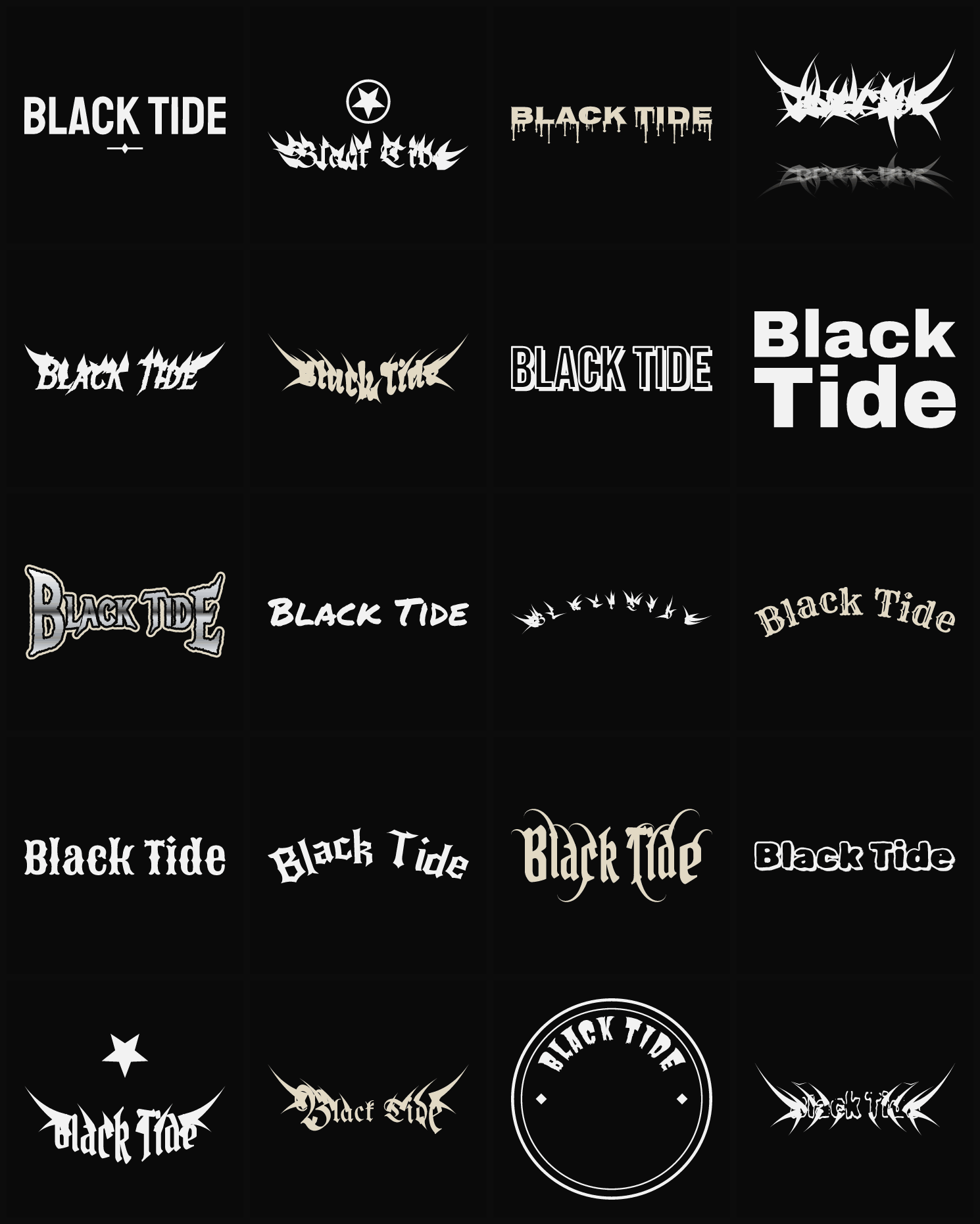 Twenty Black Tide band logo ideas — different faces, treatments and spike settings