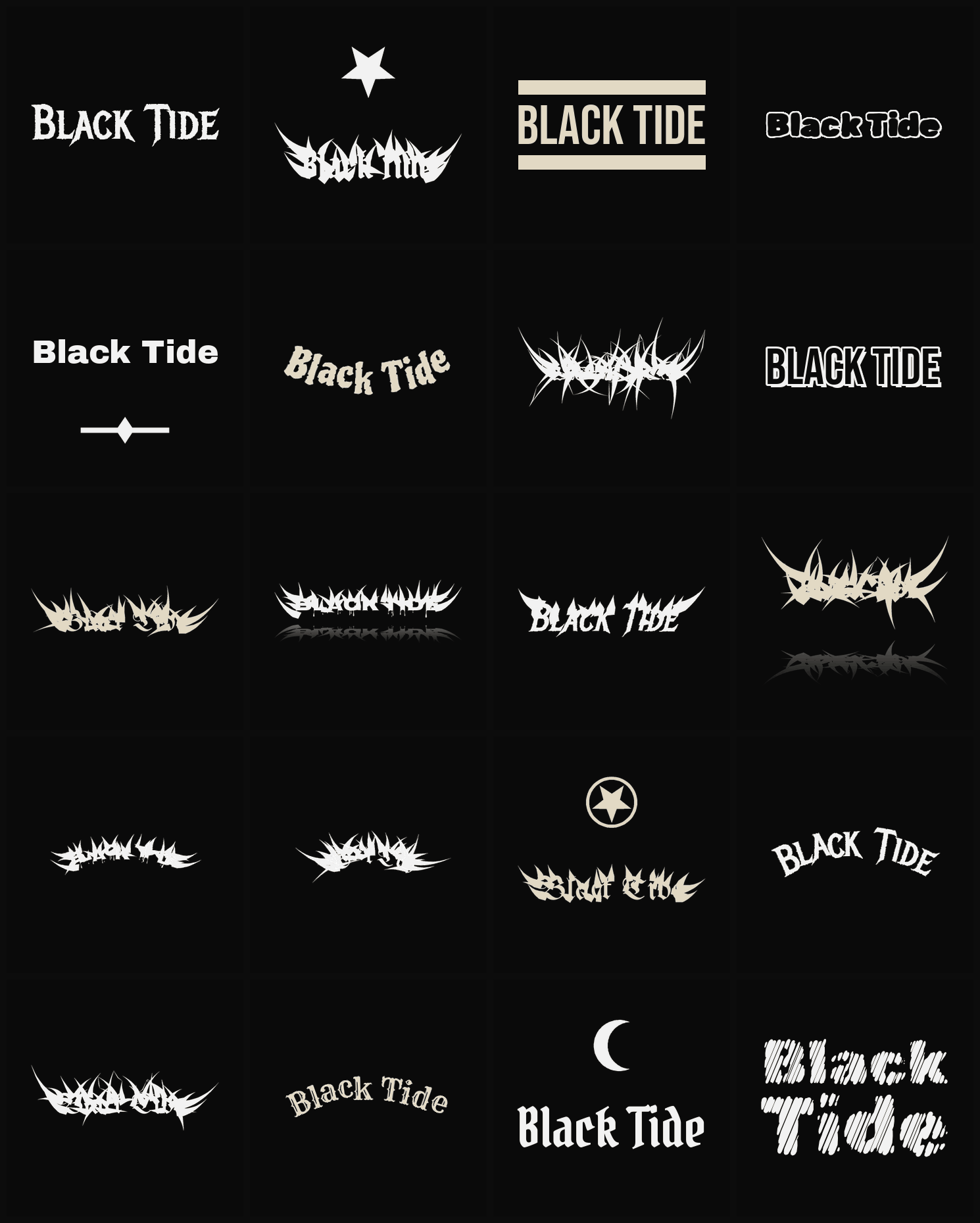 Twenty Black Tide band logo ideas — different faces, treatments and spike settings