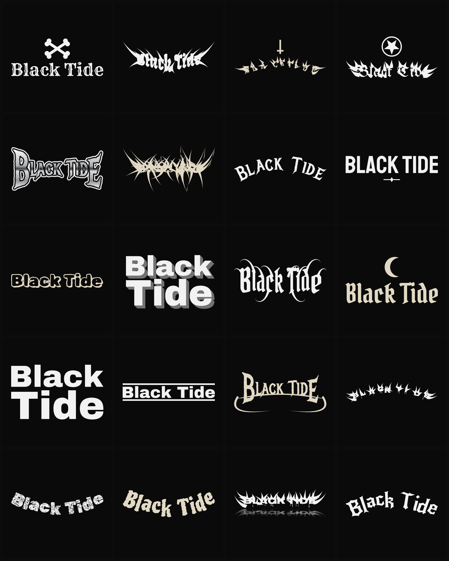Twenty Black Tide band logo ideas — different faces, treatments and spike settings