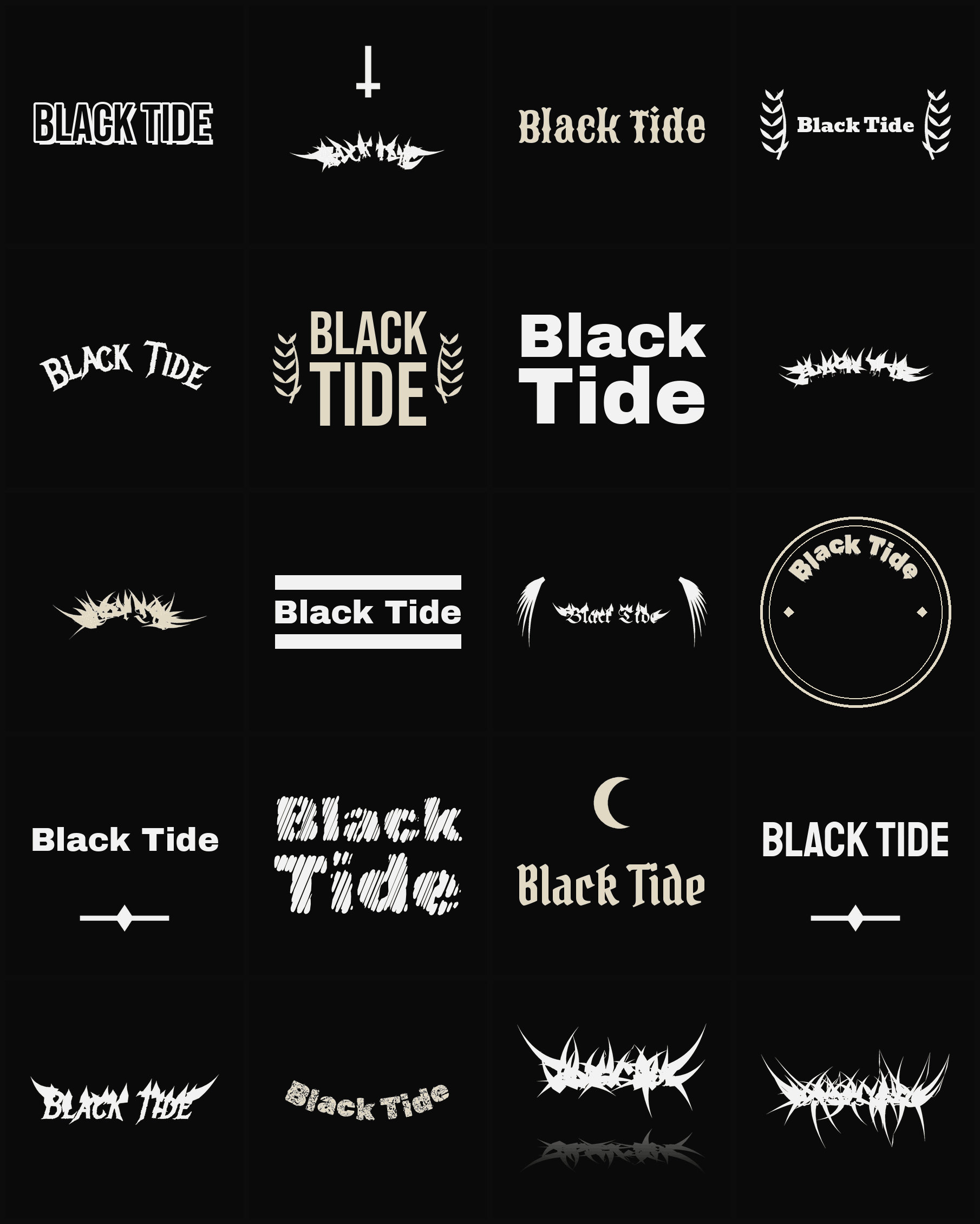 Twenty Black Tide band logo ideas — different faces, treatments and spike settings