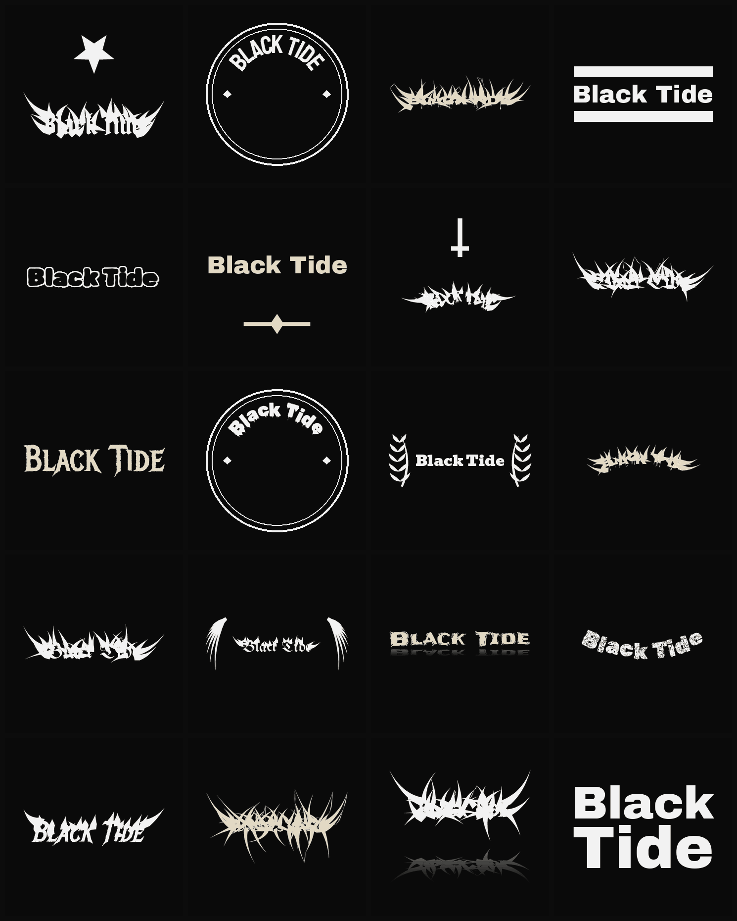 Twenty Black Tide band logo ideas — different faces, treatments and spike settings