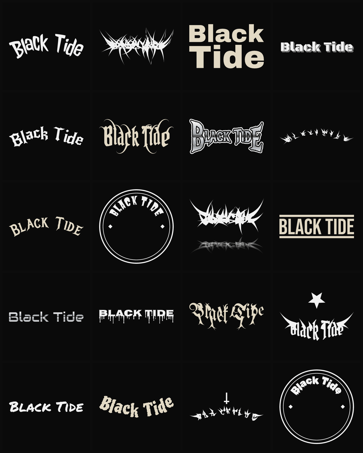Twenty Black Tide band logo ideas — different faces, treatments and spike settings
