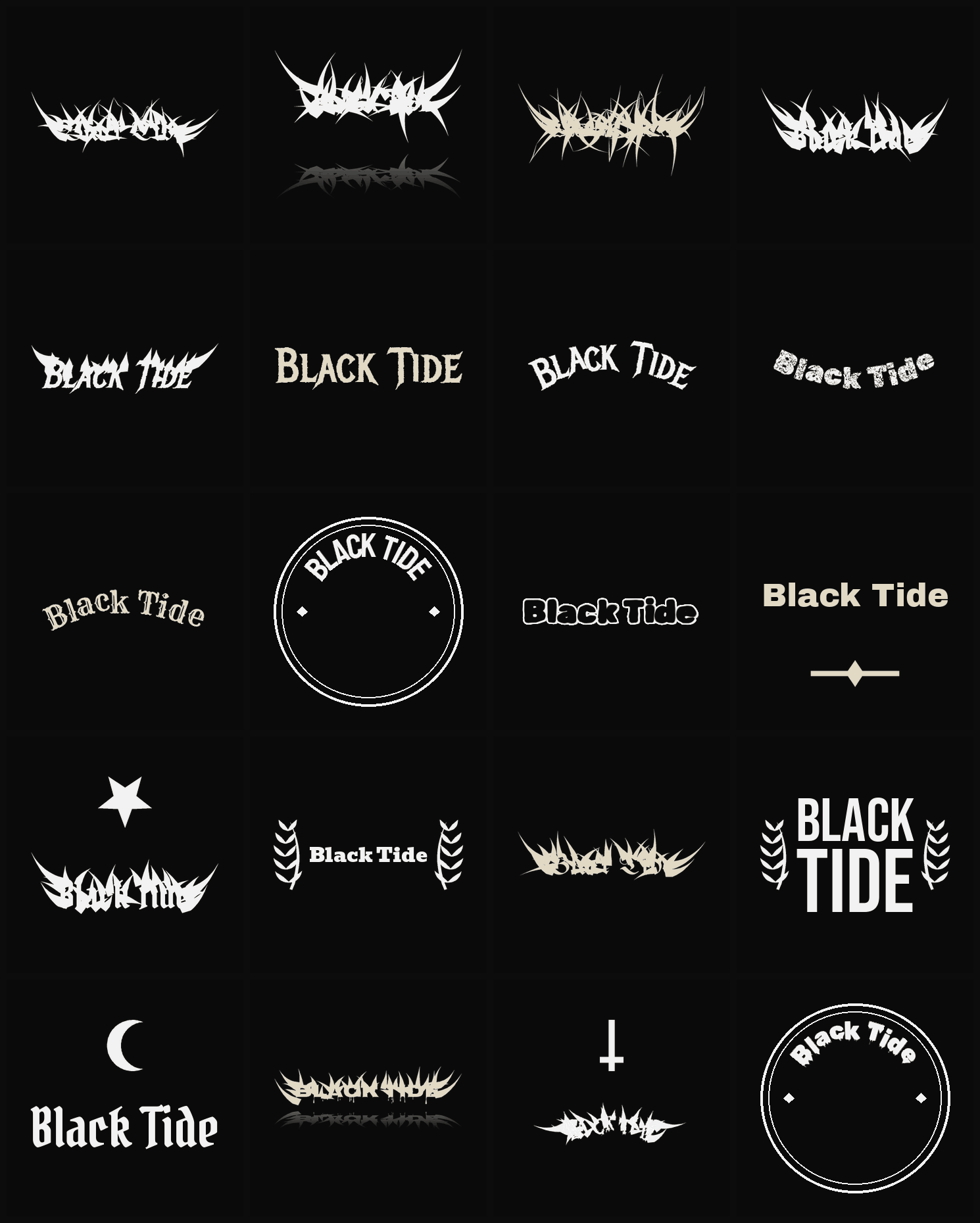 Twenty Black Tide band logo ideas — different faces, treatments and spike settings