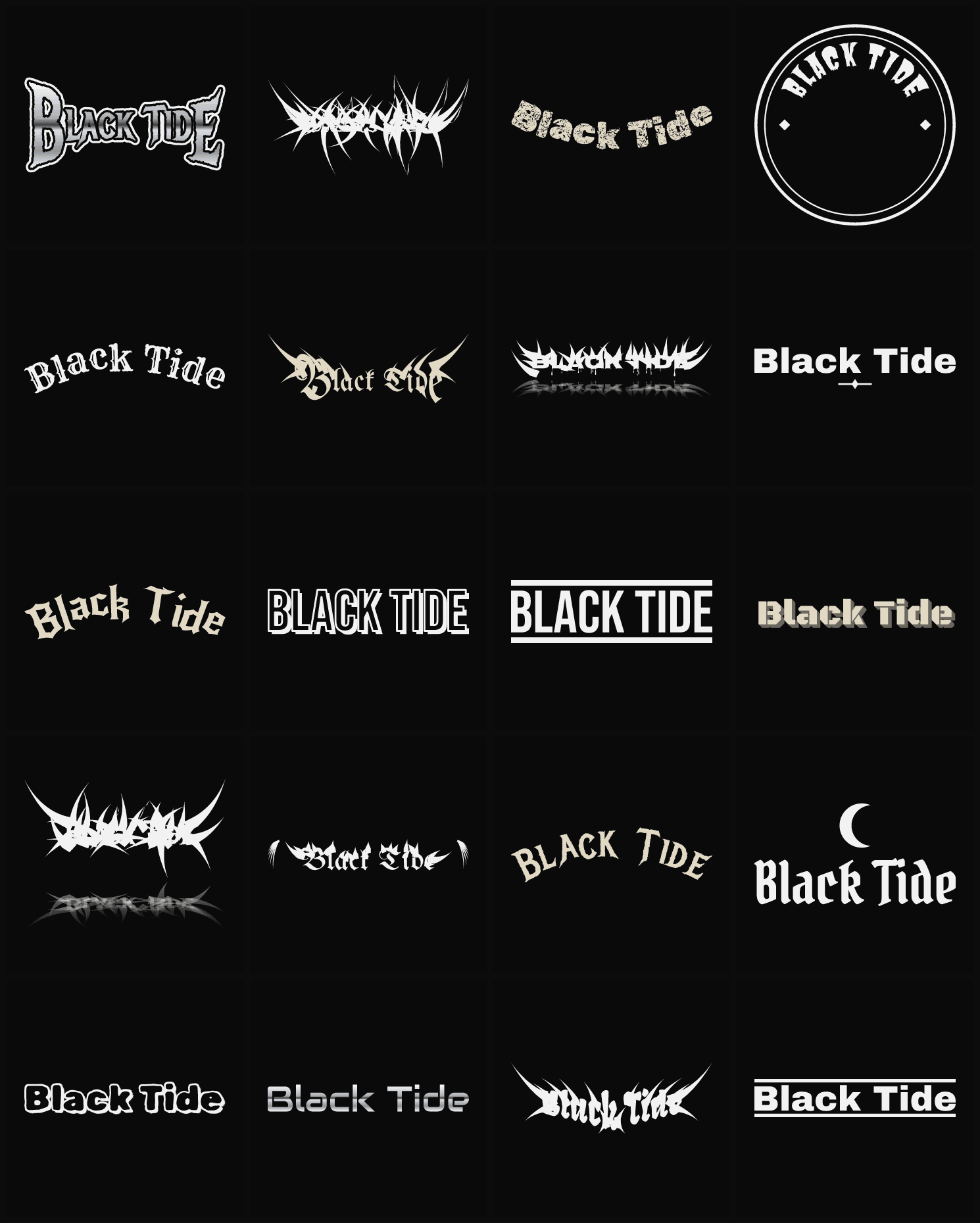 Twenty Black Tide band logo ideas — different faces, treatments and spike settings