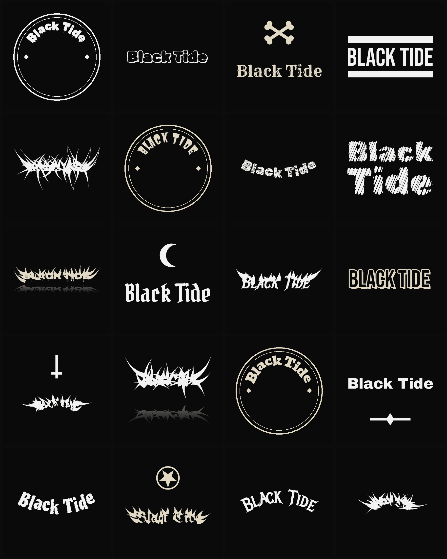 Twenty Black Tide band logo ideas — different faces, treatments and spike settings