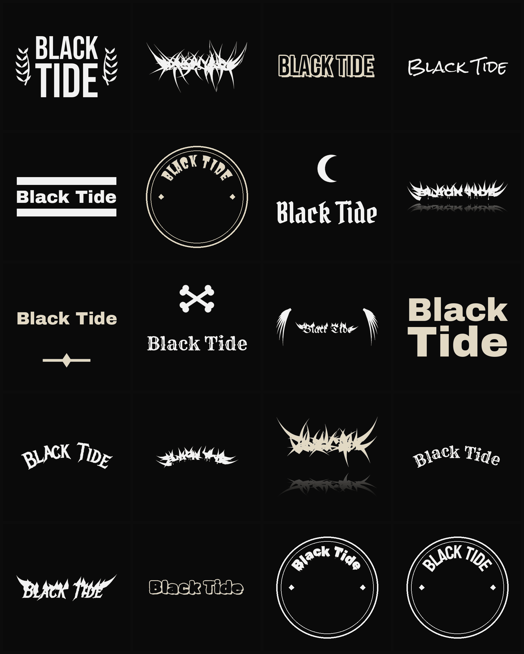 Twenty Black Tide band logo ideas — different faces, treatments and spike settings
