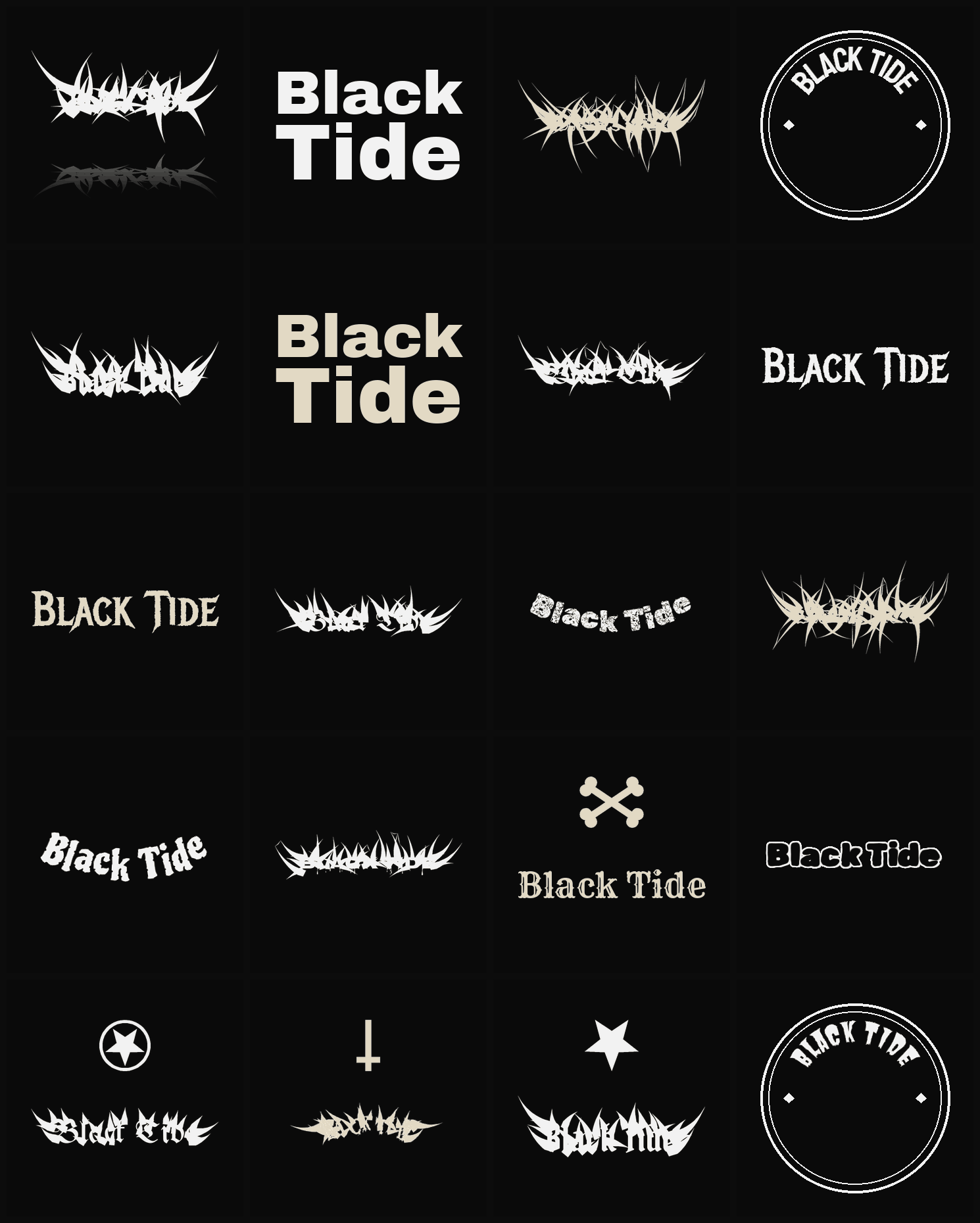 Twenty Black Tide band logo ideas — different faces, treatments and spike settings