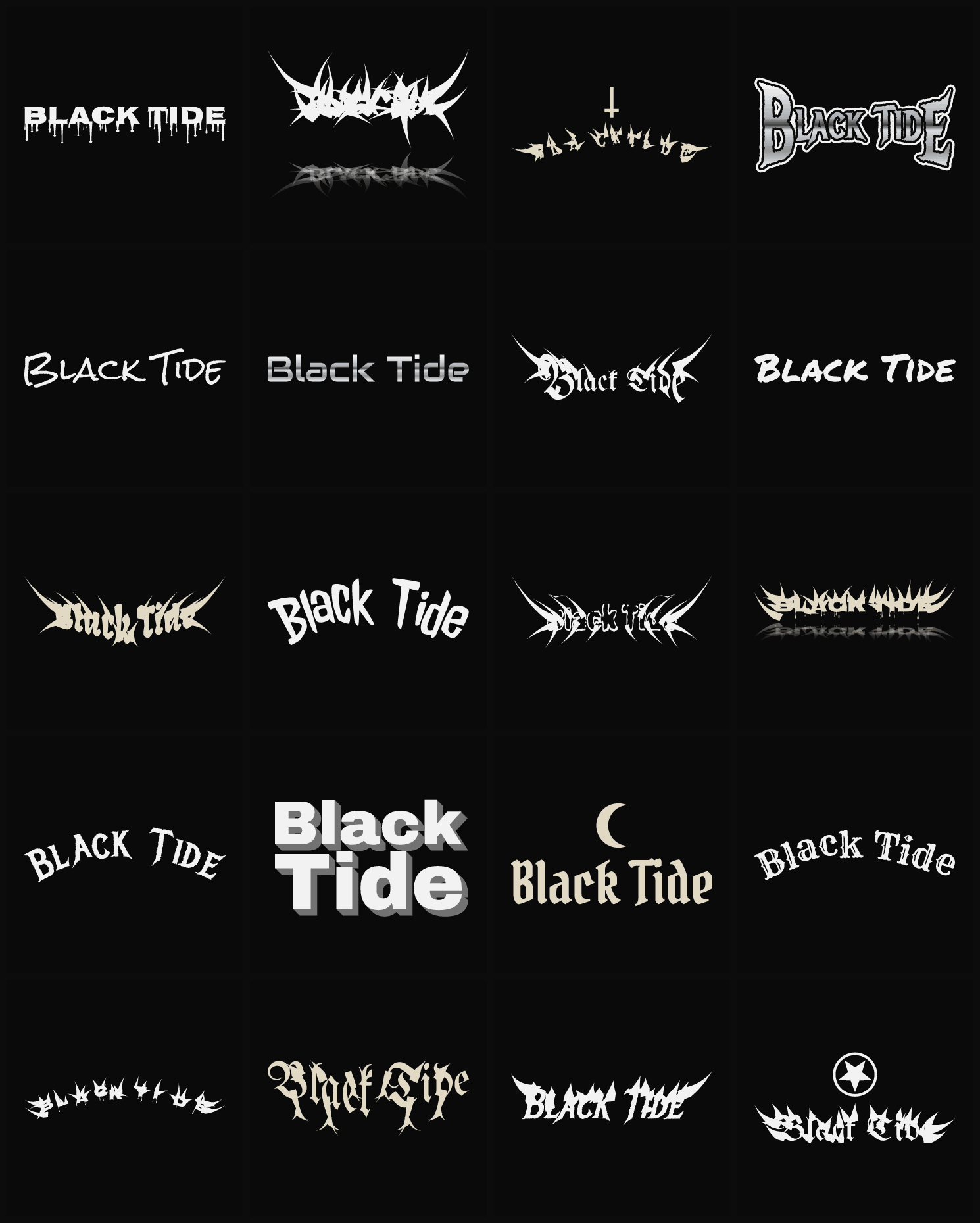 Twenty Black Tide band logo ideas — different faces, treatments and spike settings