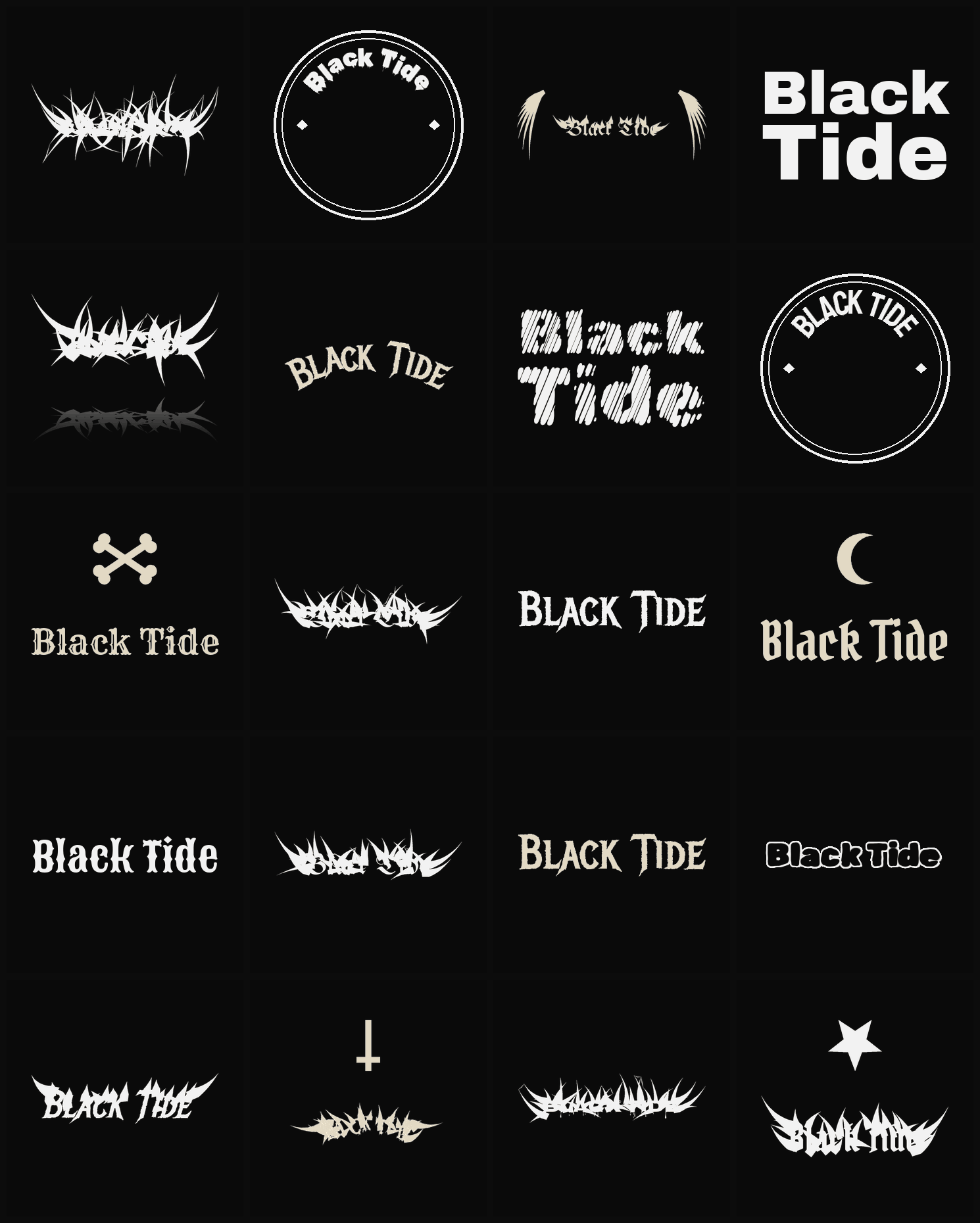 Twenty Black Tide band logo ideas — different faces, treatments and spike settings
