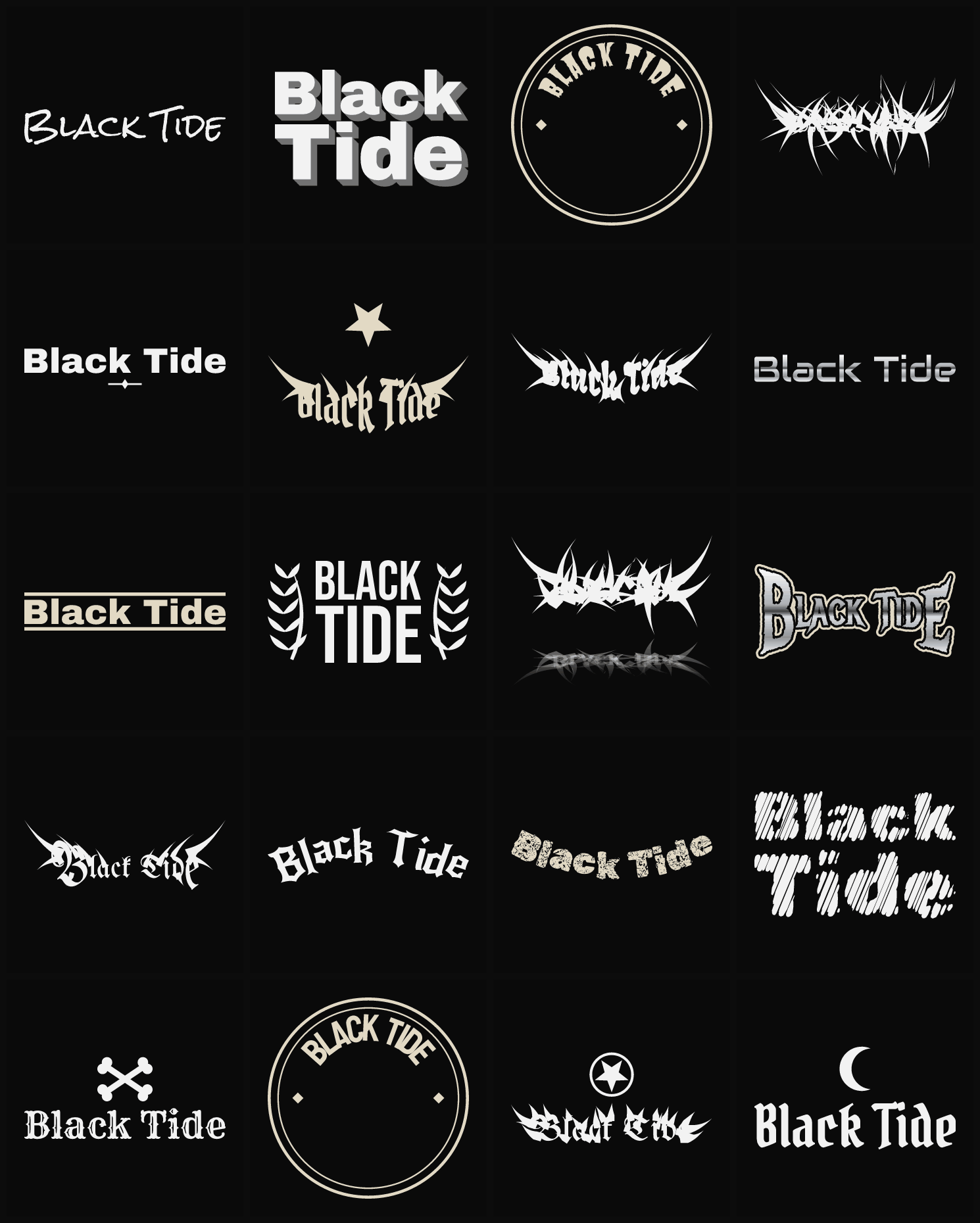 Twenty Black Tide band logo ideas — different faces, treatments and spike settings