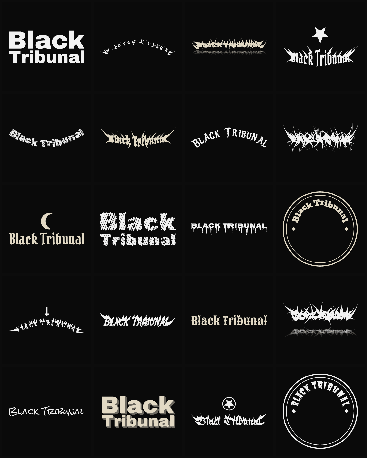 Twenty Black Tribunal band logo ideas — different faces, treatments and spike settings