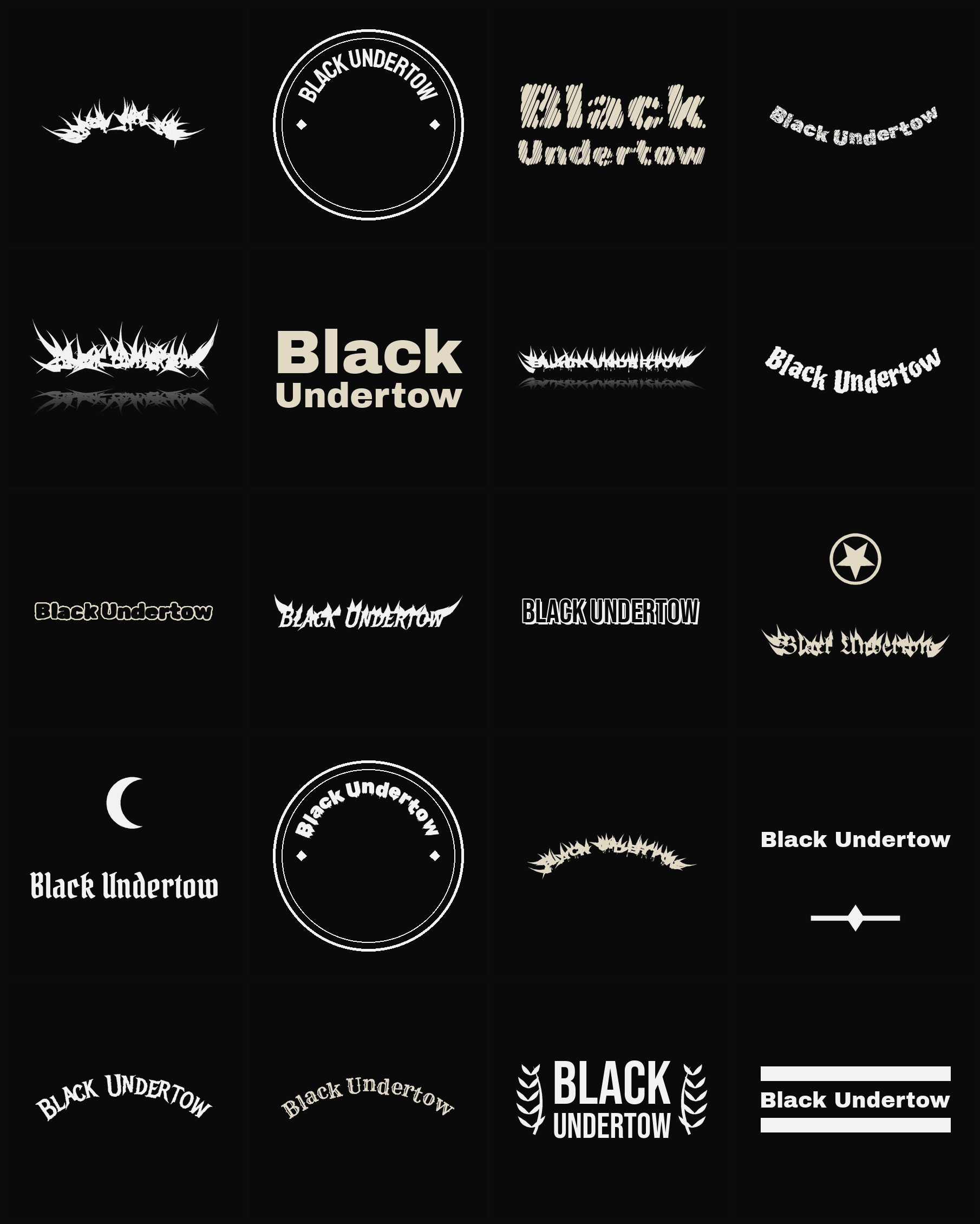 Twenty Black Undertow band logo ideas — different faces, treatments and spike settings