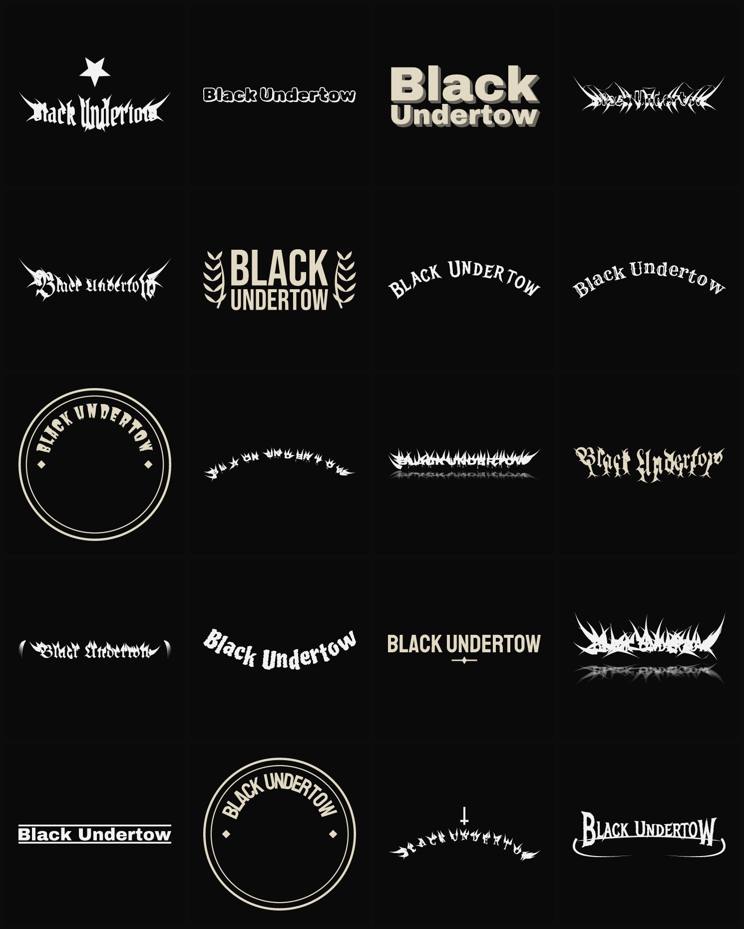 Twenty Black Undertow band logo ideas — different faces, treatments and spike settings