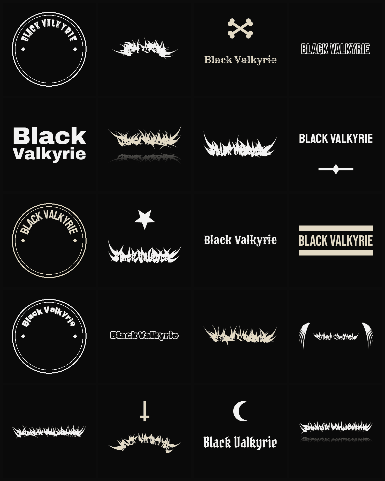 Twenty Black Valkyrie band logo ideas — different faces, treatments and spike settings