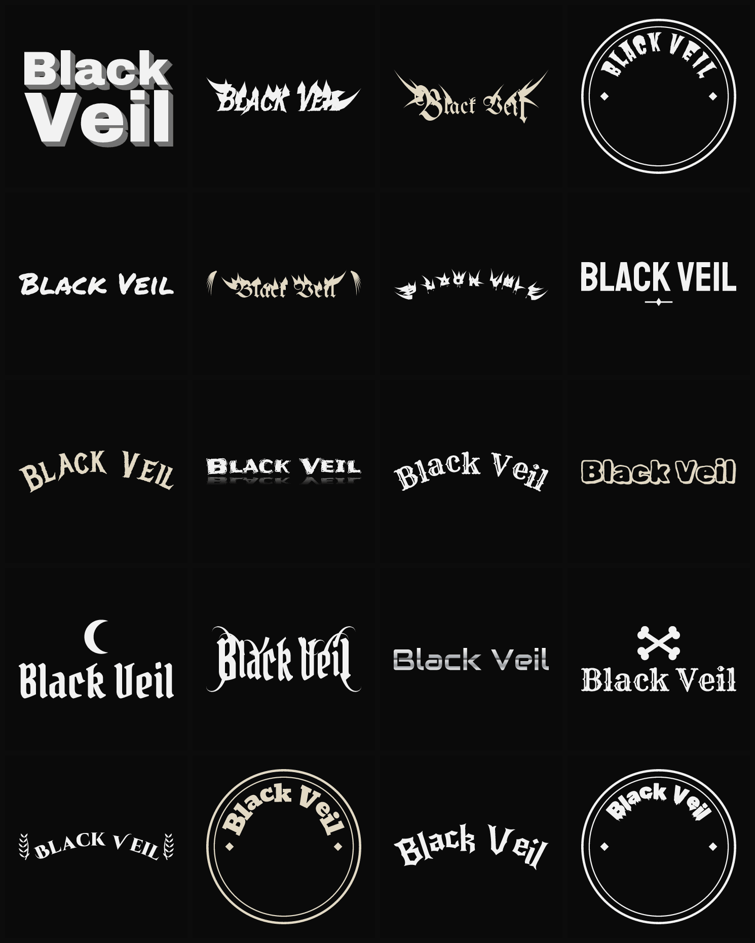 Twenty Black Veil band logo ideas — different faces, treatments and spike settings
