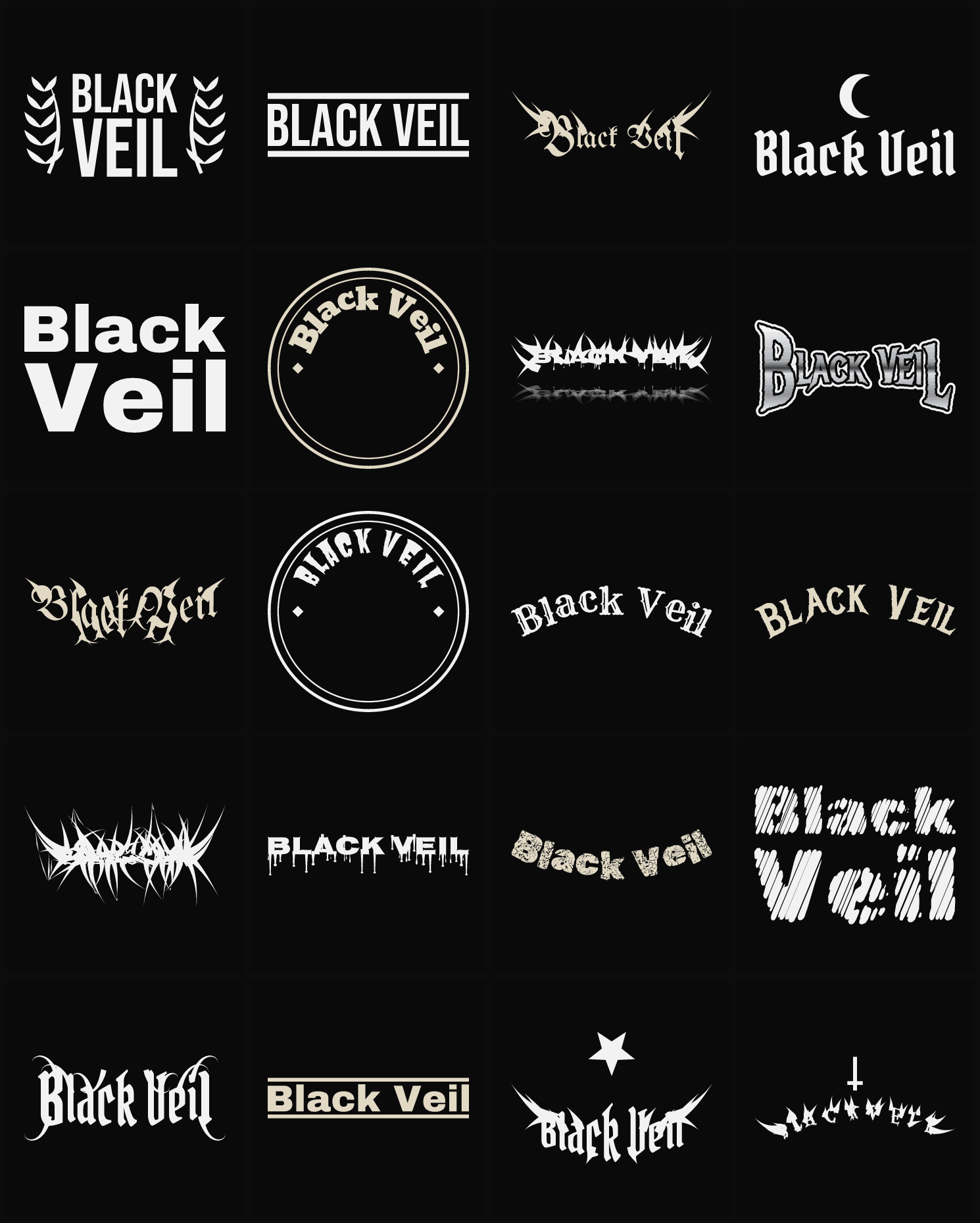 Twenty Black Veil band logo ideas — different faces, treatments and spike settings