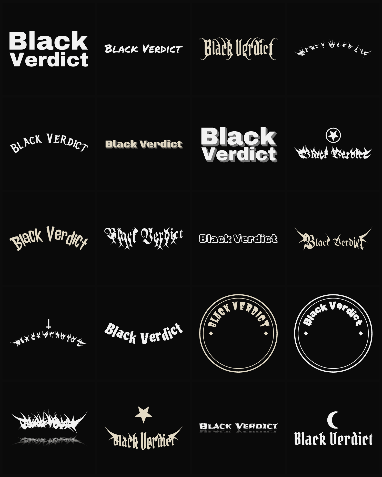 Twenty Black Verdict band logo ideas — different faces, treatments and spike settings