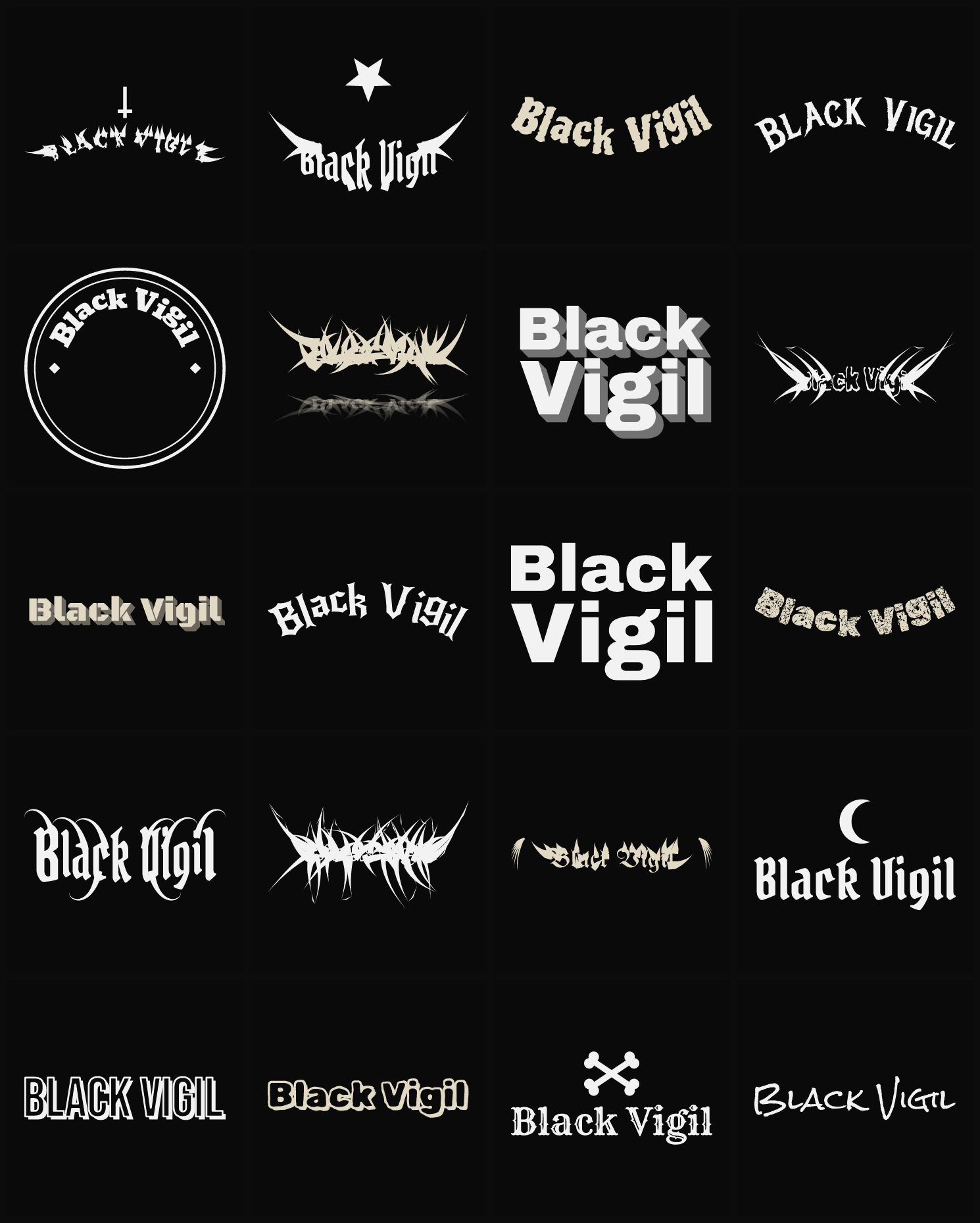 Twenty Black Vigil band logo ideas — different faces, treatments and spike settings