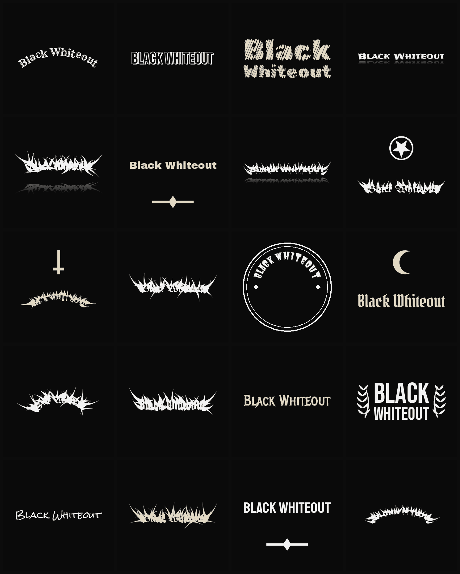 Twenty Black Whiteout band logo ideas — different faces, treatments and spike settings