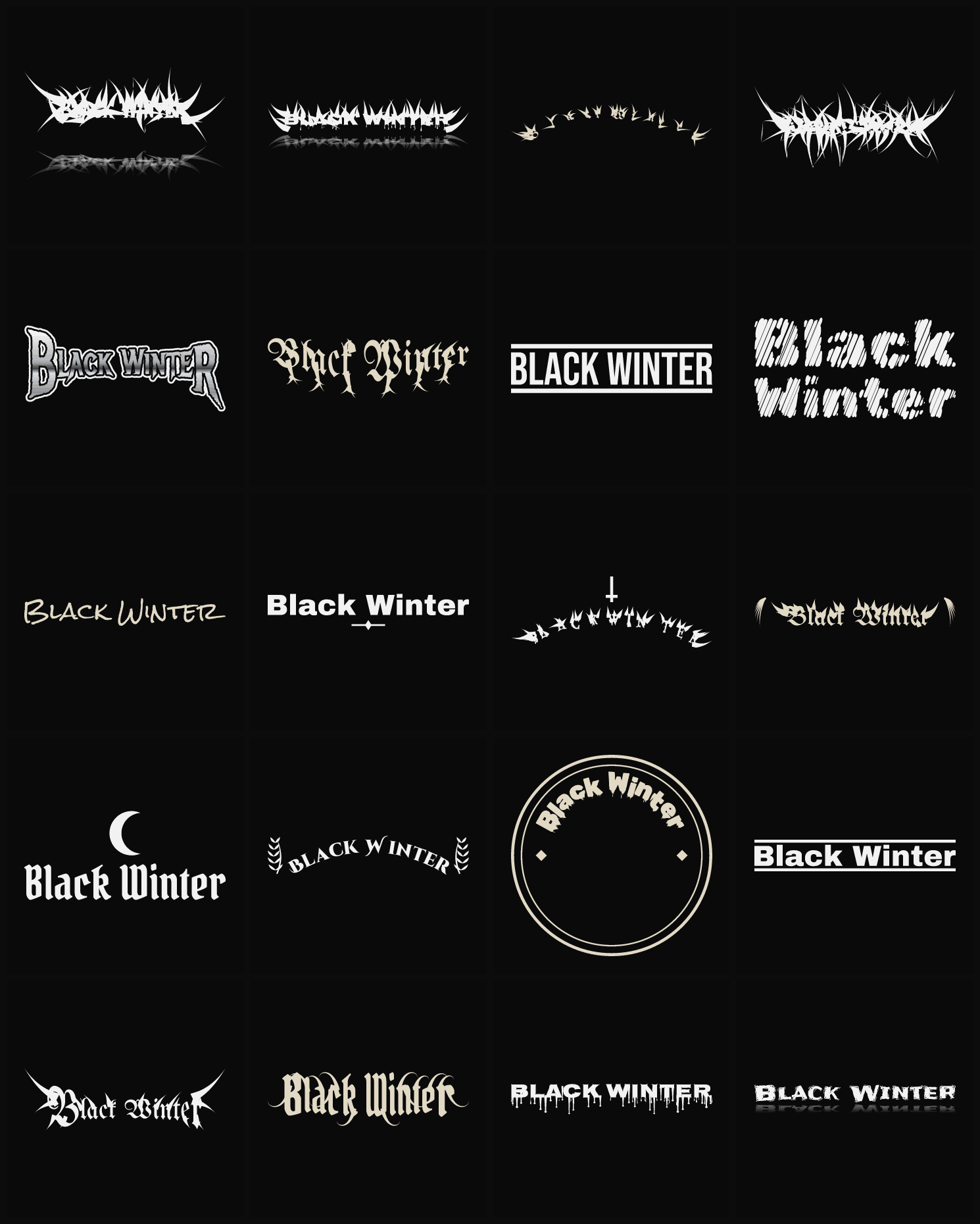 Twenty Black Winter band logo ideas — different faces, treatments and spike settings