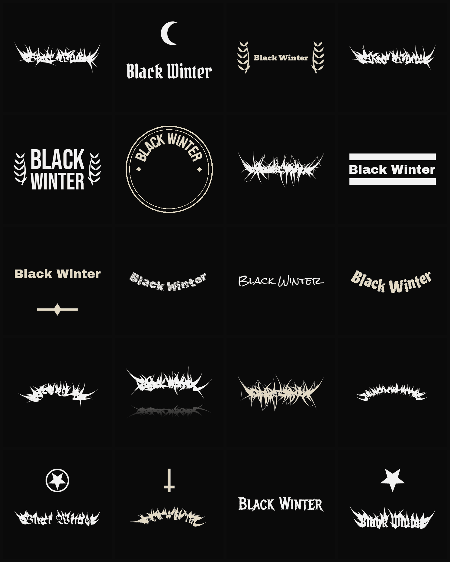 Twenty Black Winter band logo ideas — different faces, treatments and spike settings