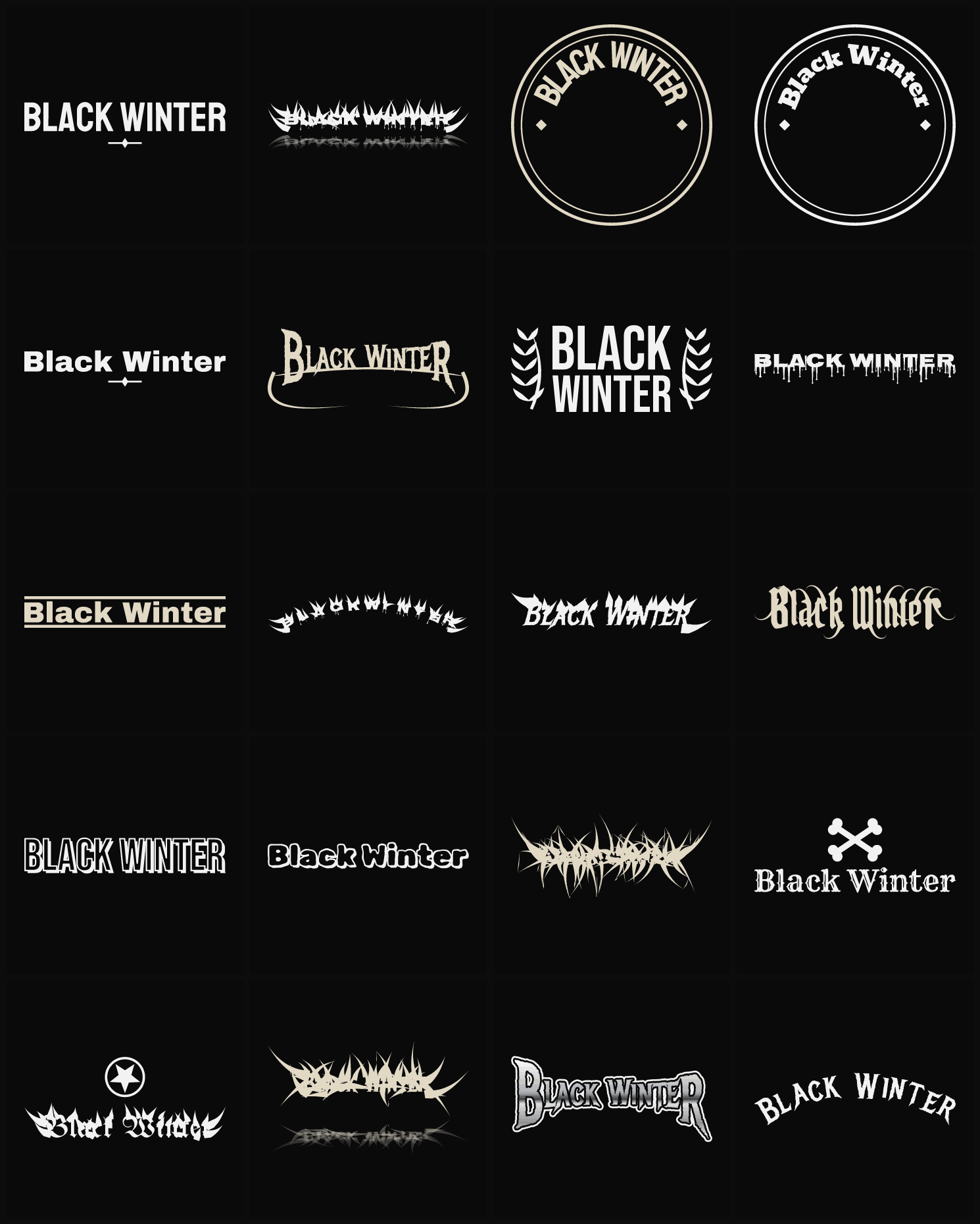 Twenty Black Winter band logo ideas — different faces, treatments and spike settings