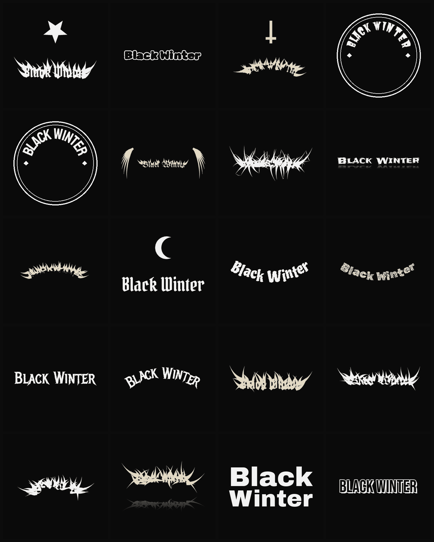 Twenty Black Winter band logo ideas — different faces, treatments and spike settings