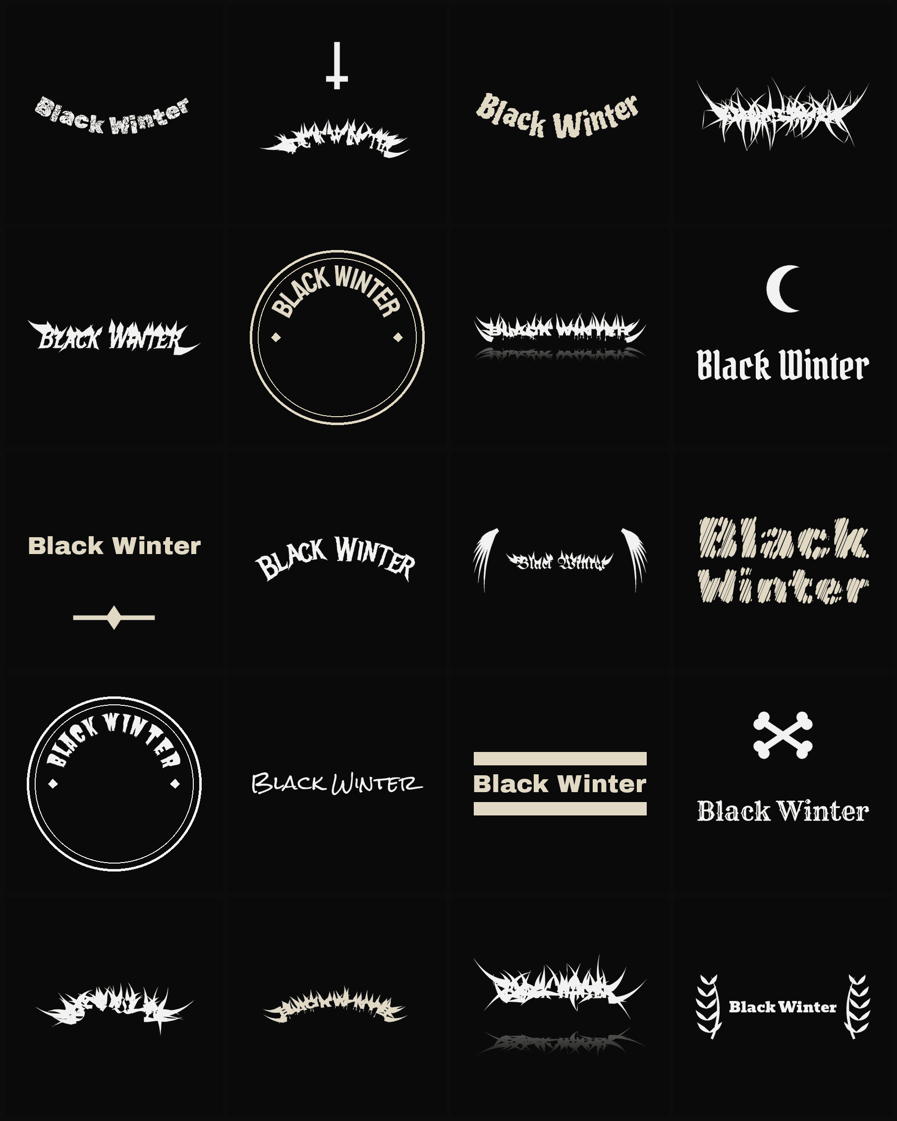 Twenty Black Winter band logo ideas — different faces, treatments and spike settings