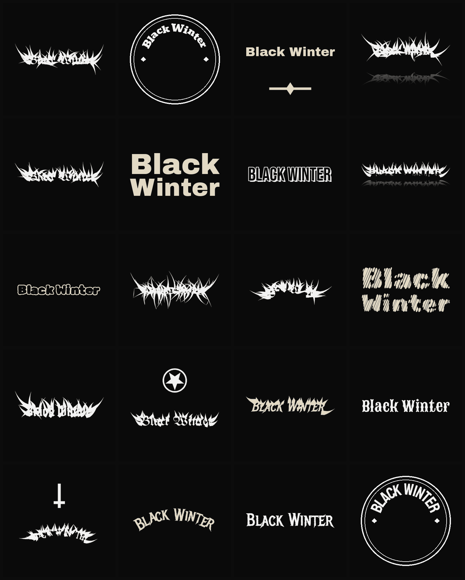 Twenty Black Winter band logo ideas — different faces, treatments and spike settings