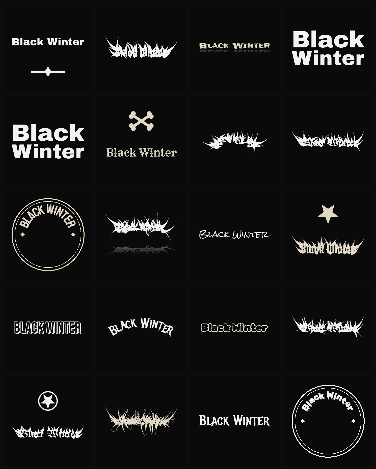Twenty Black Winter band logo ideas — different faces, treatments and spike settings