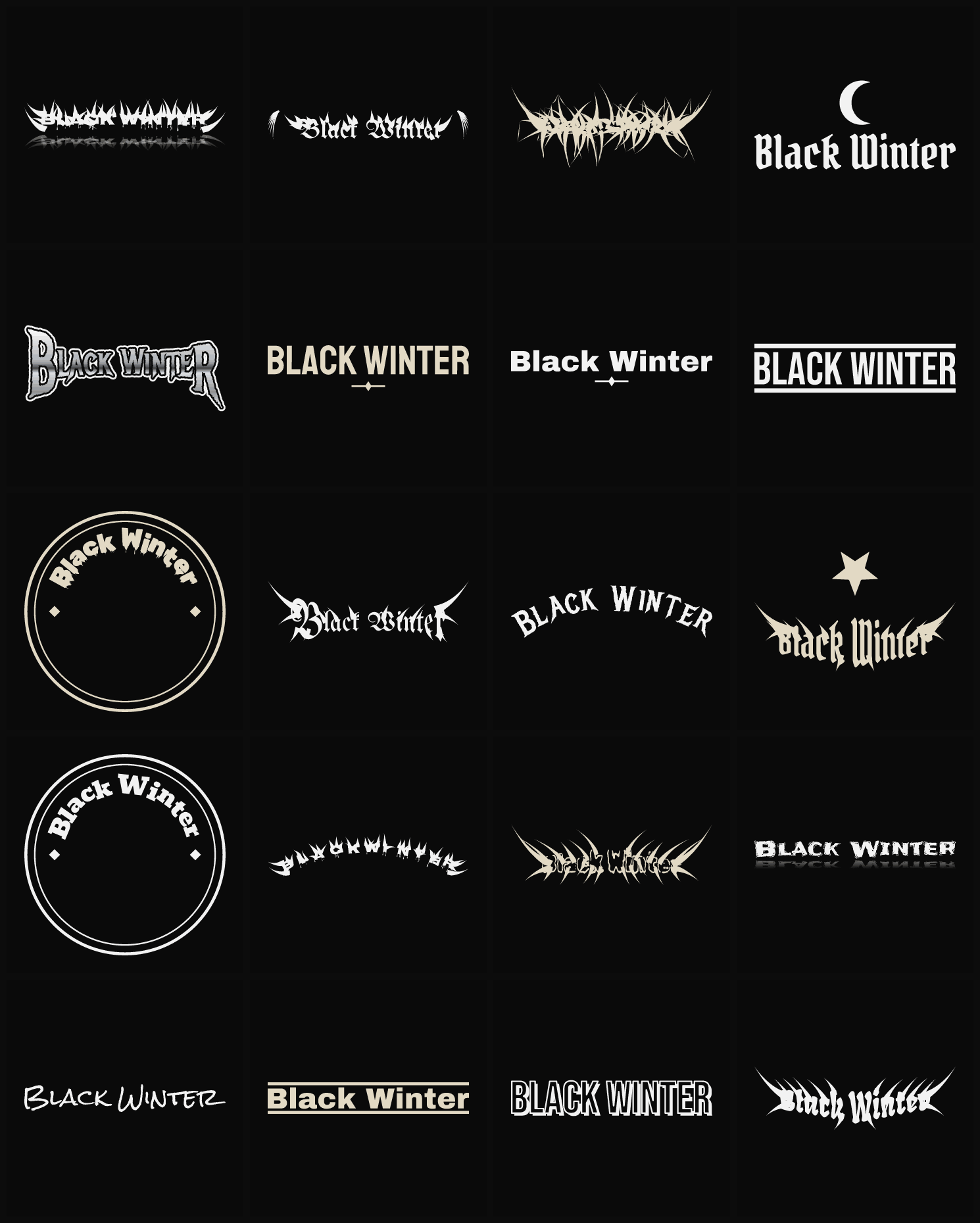 Twenty Black Winter band logo ideas — different faces, treatments and spike settings