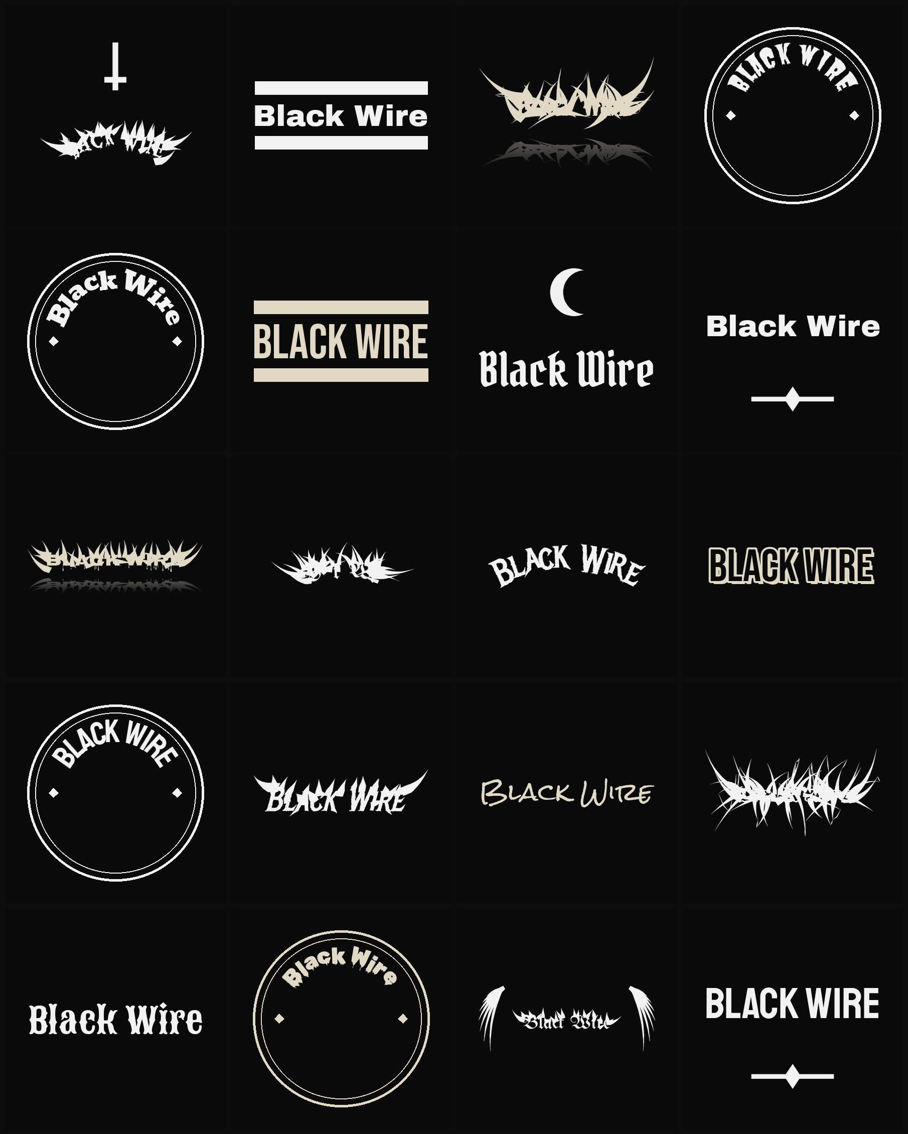 Twenty Black Wire band logo ideas — different faces, treatments and spike settings