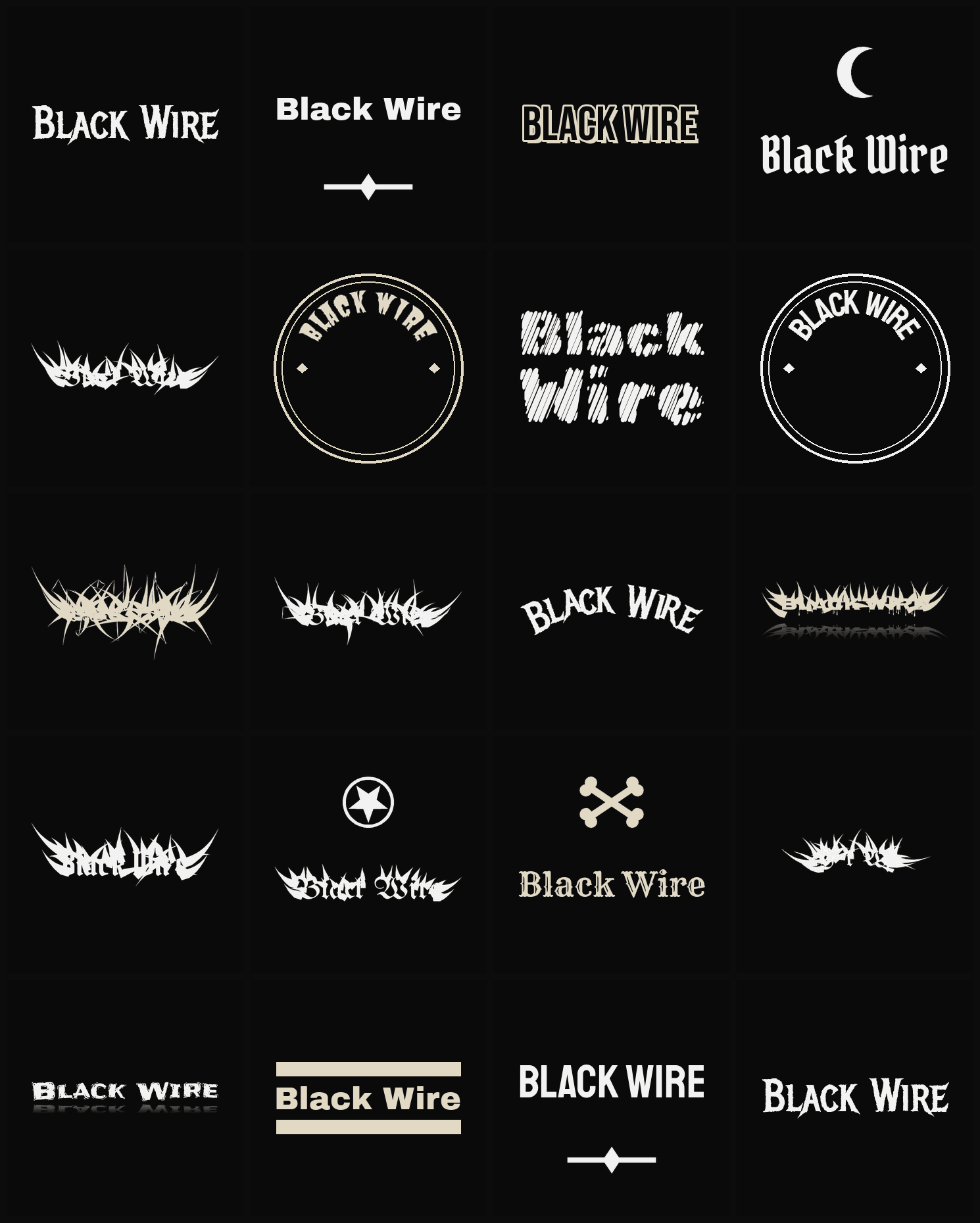 Twenty Black Wire band logo ideas — different faces, treatments and spike settings
