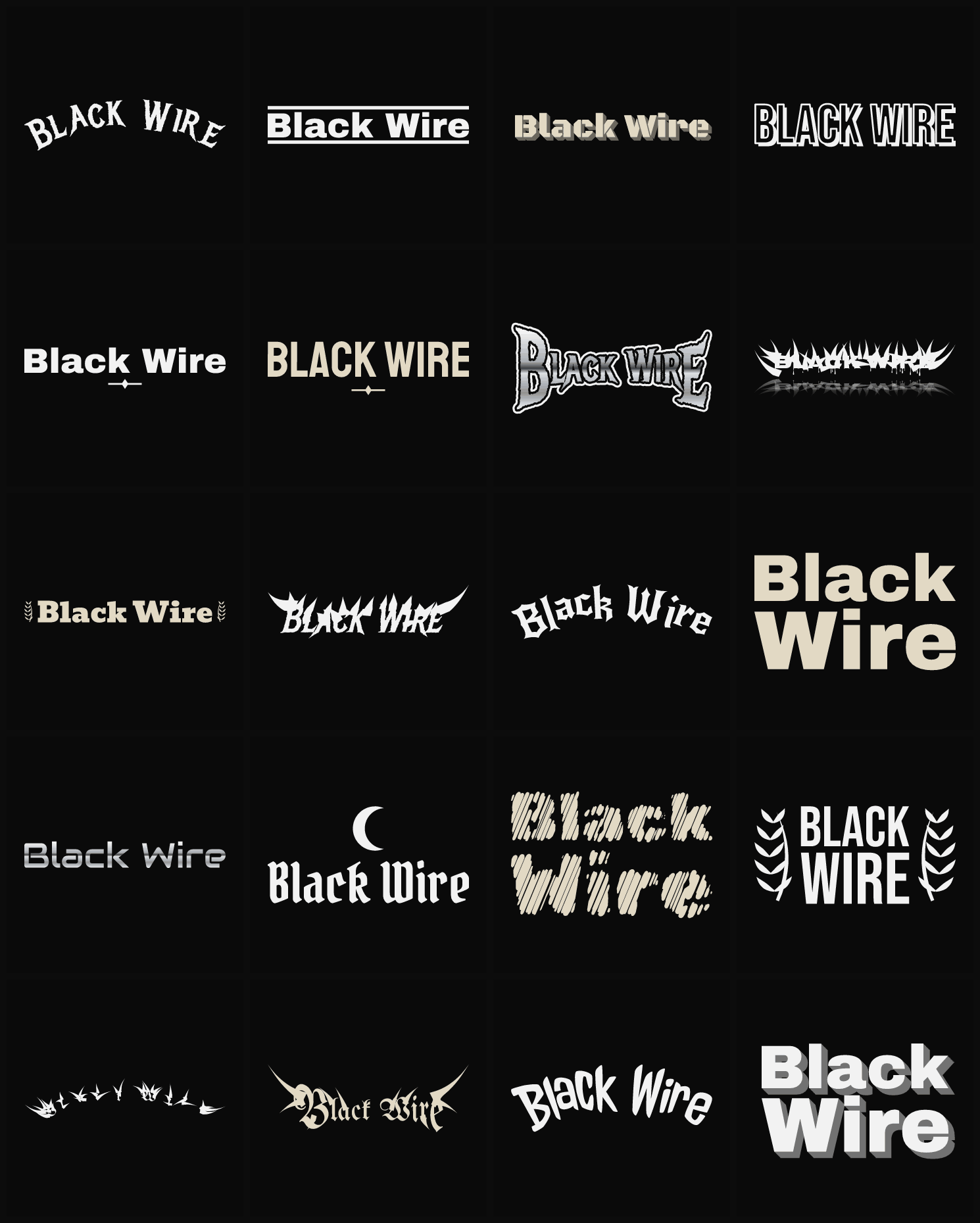Twenty Black Wire band logo ideas — different faces, treatments and spike settings