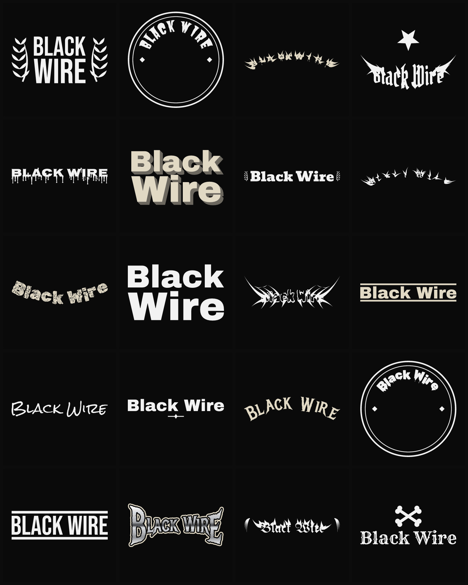 Twenty Black Wire band logo ideas — different faces, treatments and spike settings