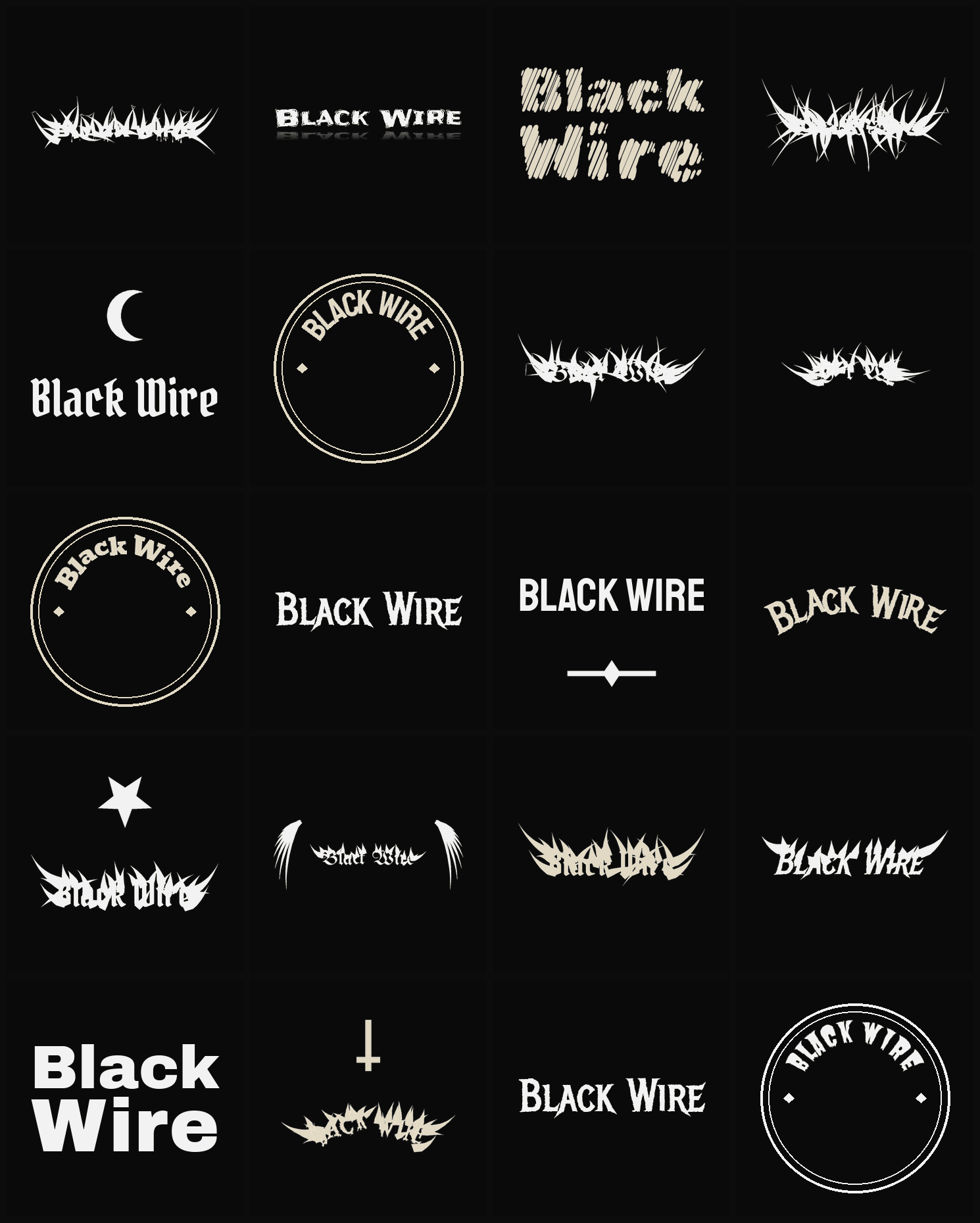 Twenty Black Wire band logo ideas — different faces, treatments and spike settings